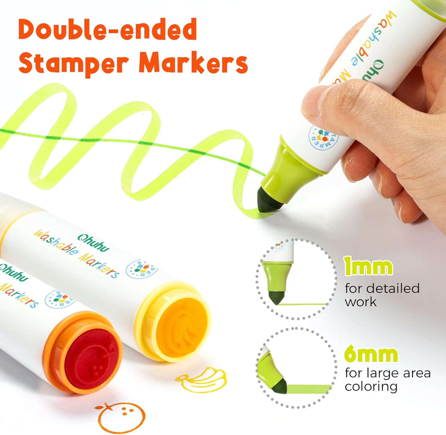 Thumbnail 1 de Ohuhu Washable Markers for Kids (12 Vibrant Colours) with Stampers – Dual-tip felt pens for ages 3+