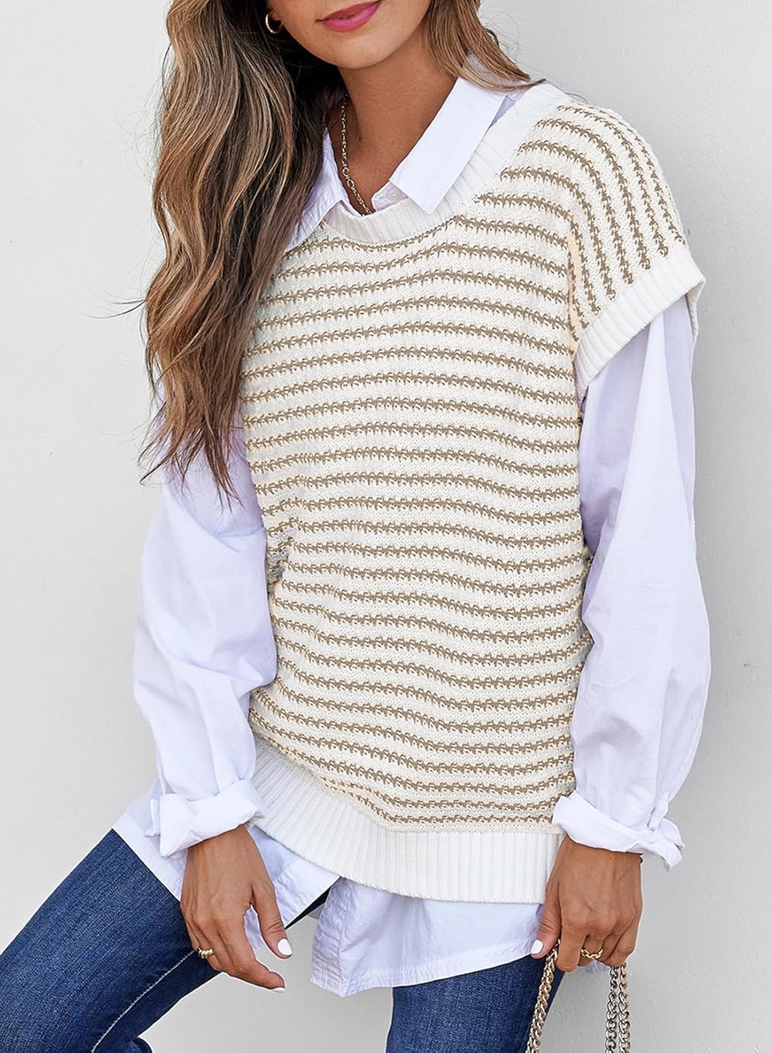 Detalle 2 de EVALESS Women's Striped Knit Vest Sweater: Lightweight Round-Neck Tank with Cap Sleeves