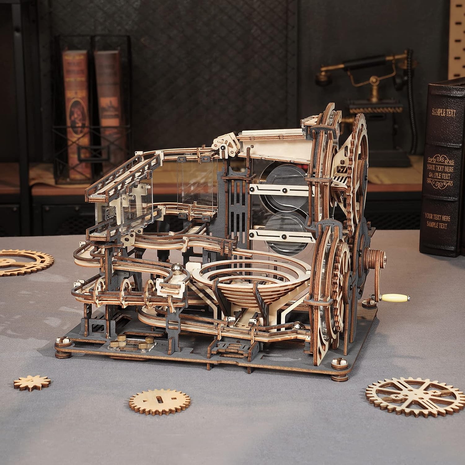 Detalle 1 de ROBOTIME LGA01 Night City-knikkerbaan, houten 3D-puzzel met stalen knikkers