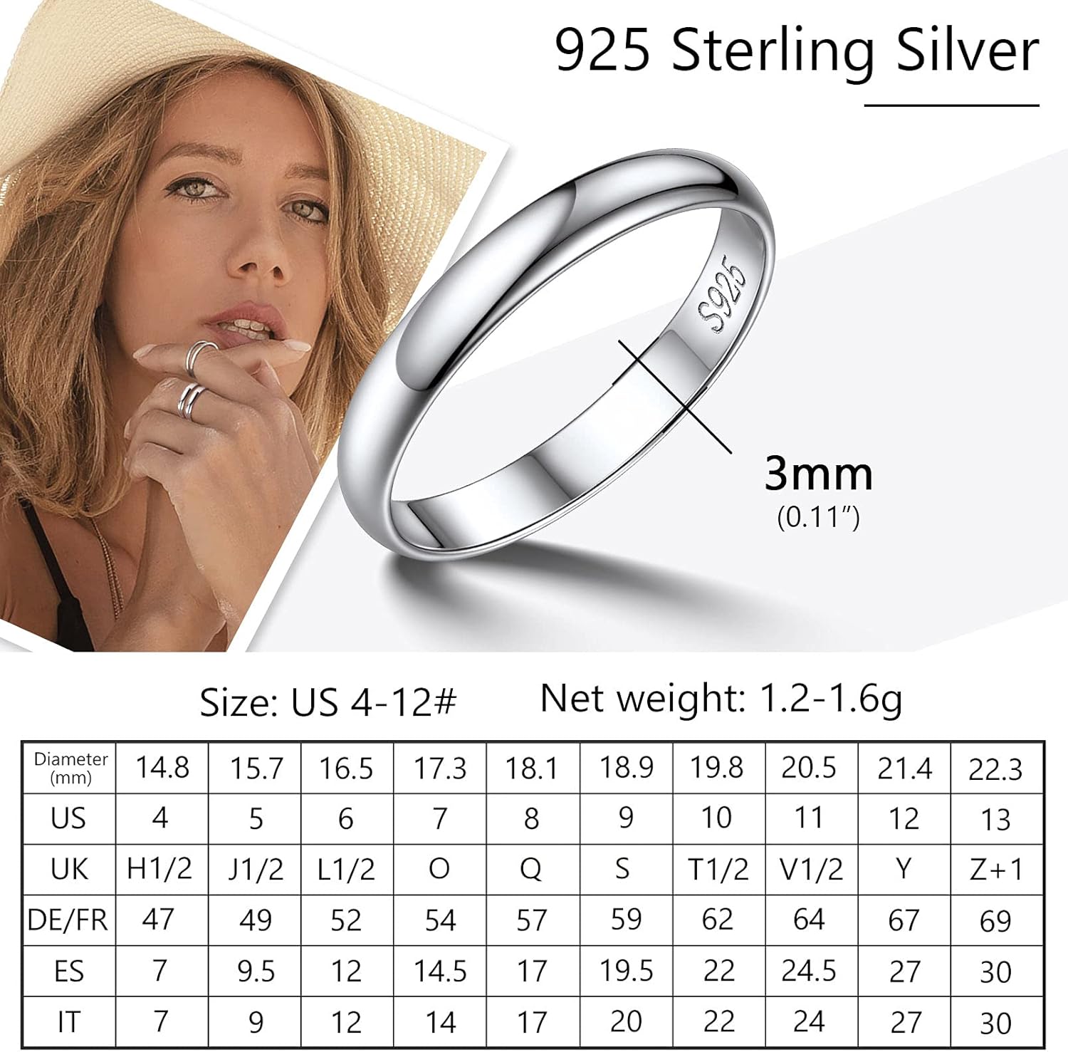 Thumbnail 5 de PROSILVER Bague femme fine 2 mm/3 mm en argent plaqué or blanc/rose — anneaux entrelacés et alliance simple, personnalisable
