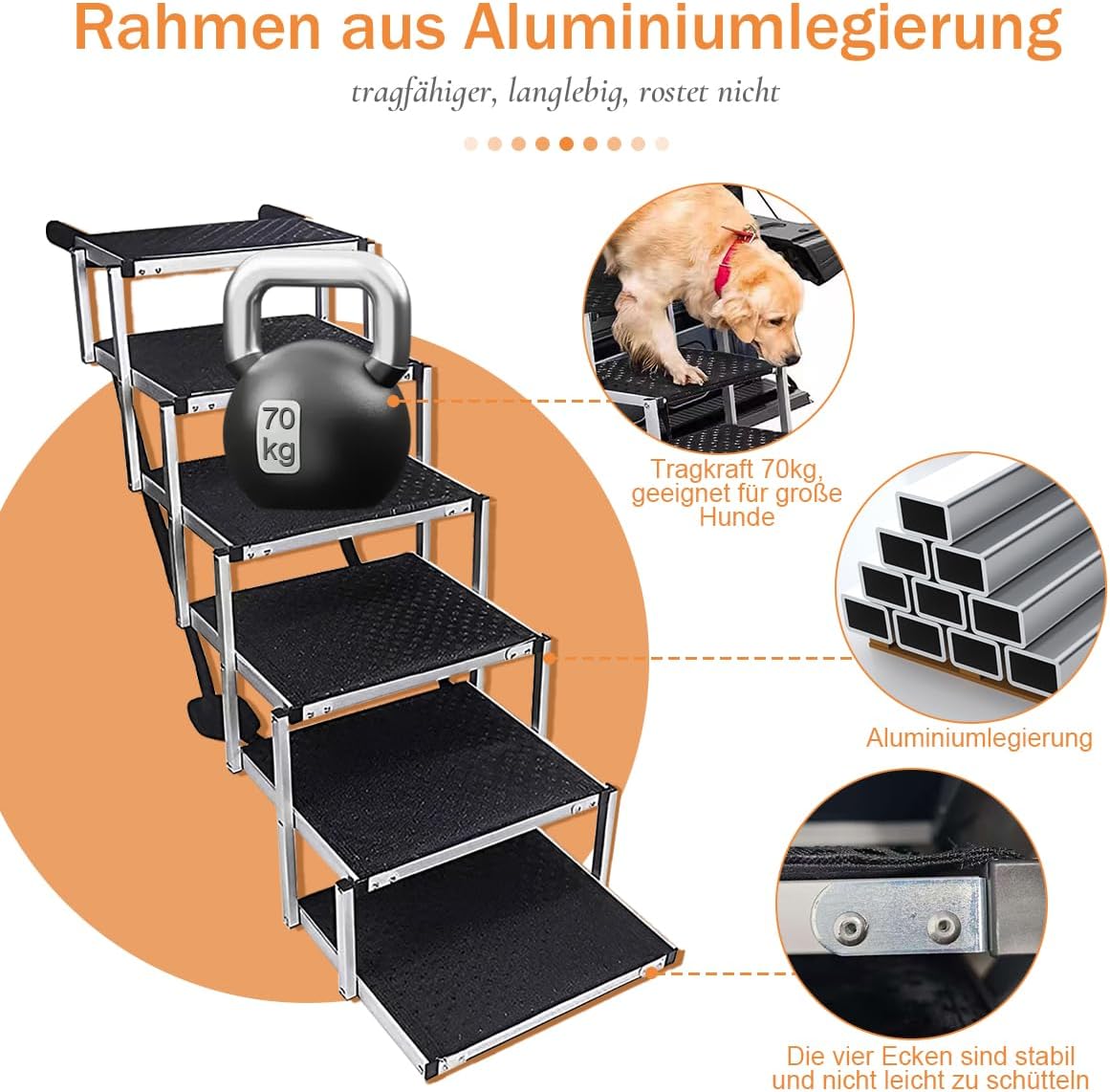 Detalle de Hundetreppe Auto 6 Stufen – Klappbar, Aluminium, bis 70 kg, 80 cm Hoch