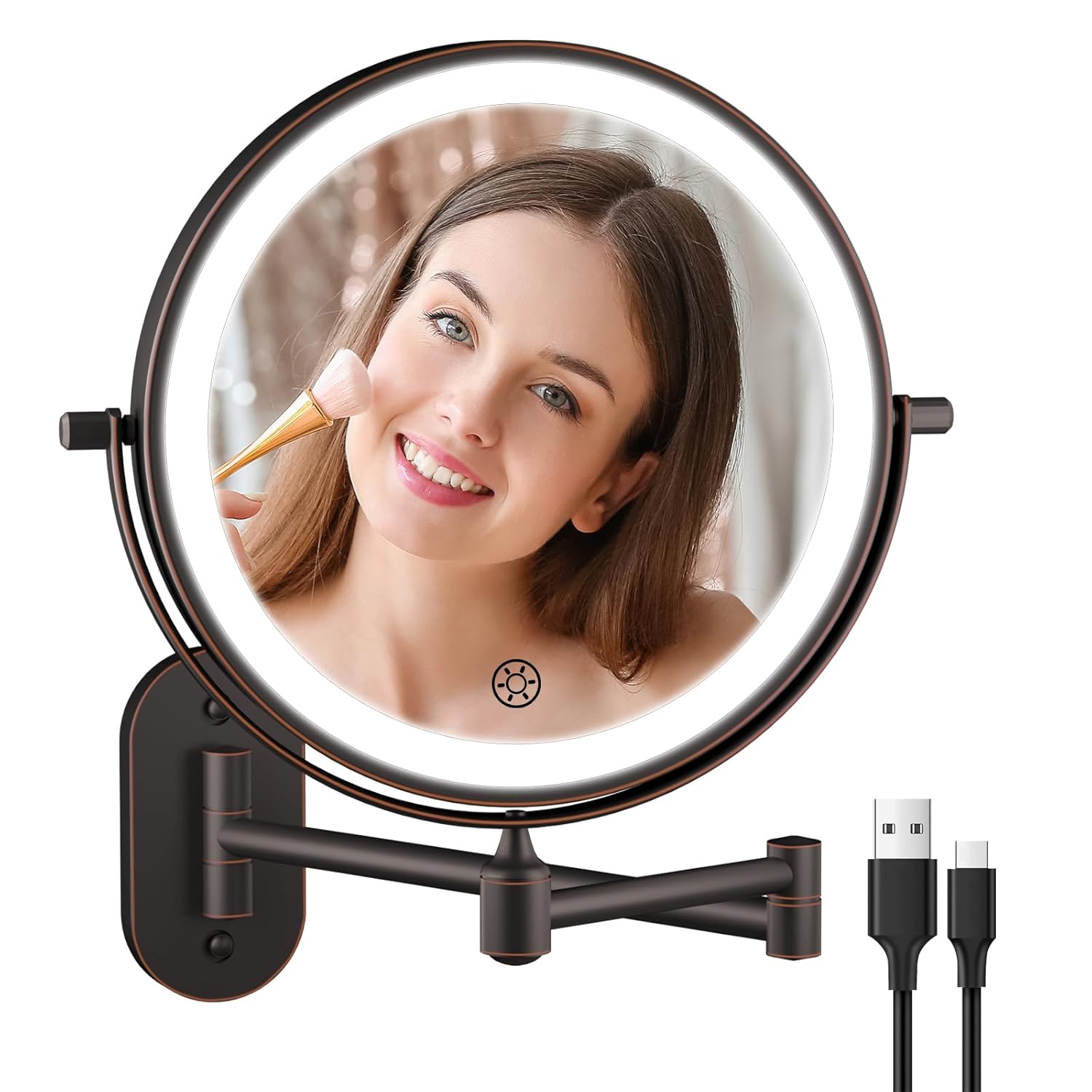 Detalle de 5000mAh Rechargeable Wall Mounted Lighted Makeup Vanity Mirror with 1X/30X Magnification in Antique Bronze