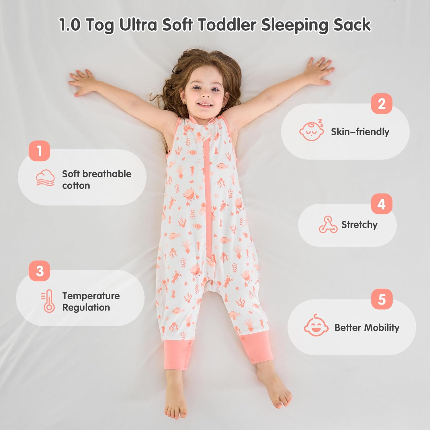 Thumbnail 5 de Baby Schlafsack mit Füßen 1.0 TOG aus 100% Baumwolle (Koralle, M) – ideal für Frühling & Herbst
