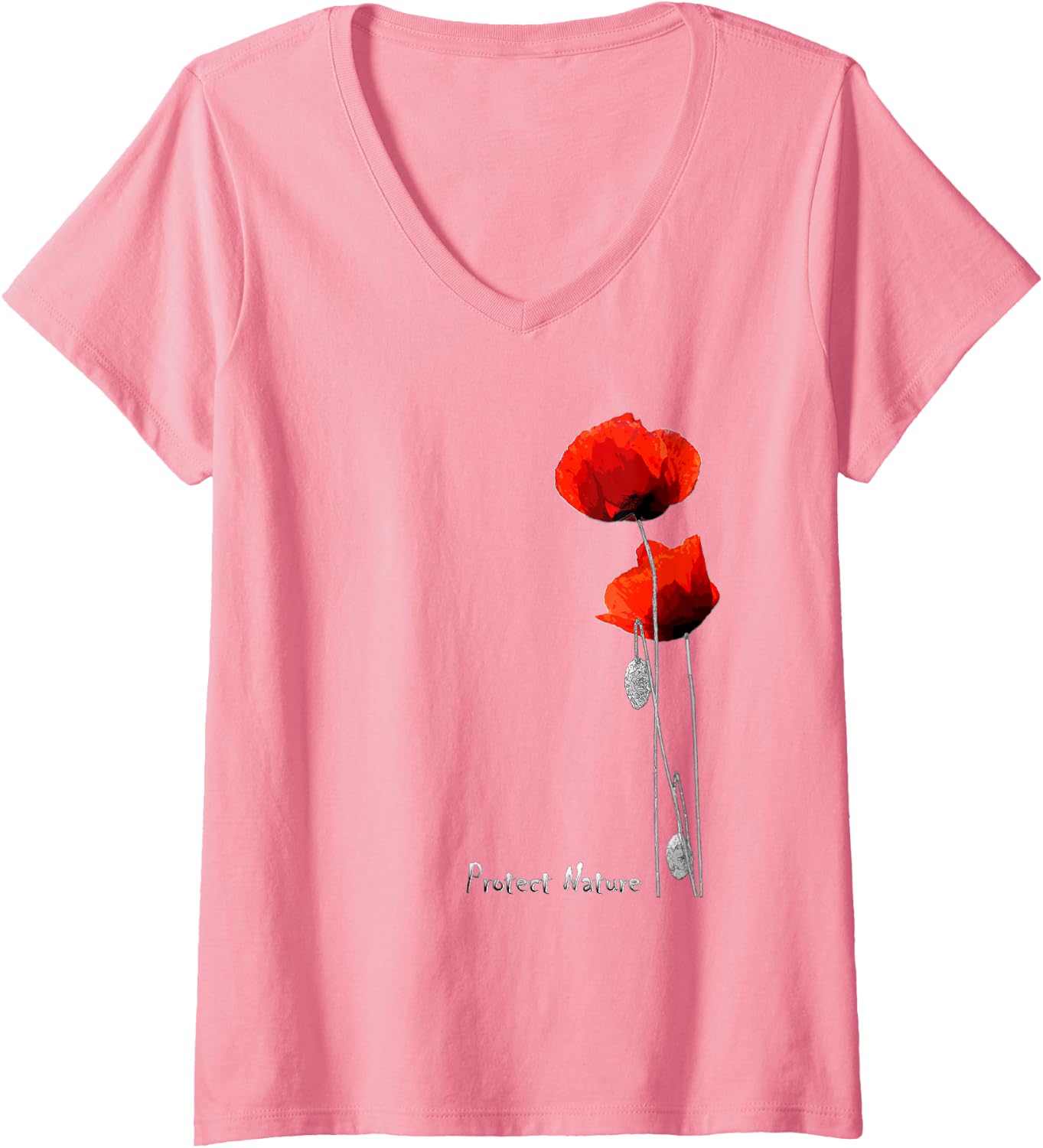 Detalle de Femme Coquelicots Rouges et Abeille | T-shirt Protect Nature avec Col en V