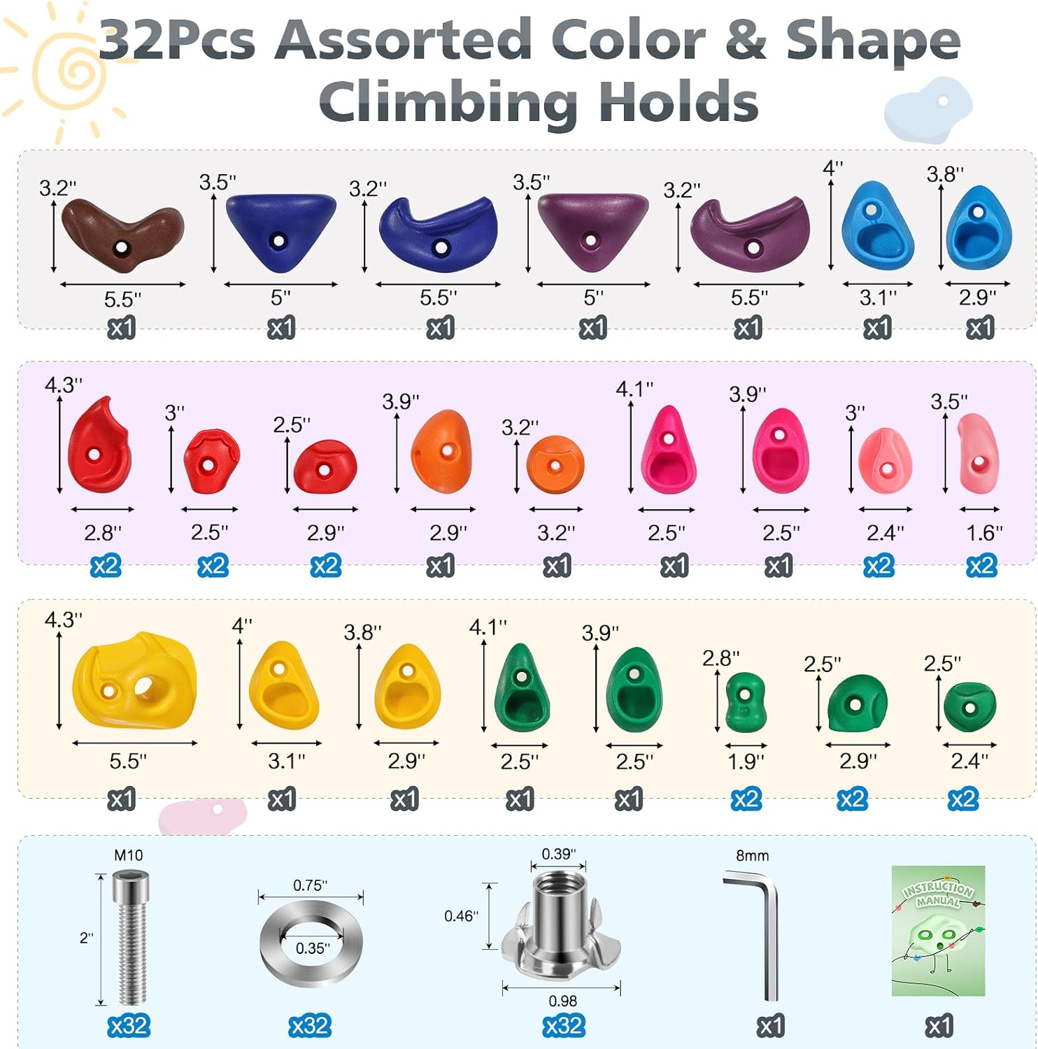 Thumbnail 3 de TOPNEW 32 Rock Climbing Holds: Multi-Size Set for Kids and Adults