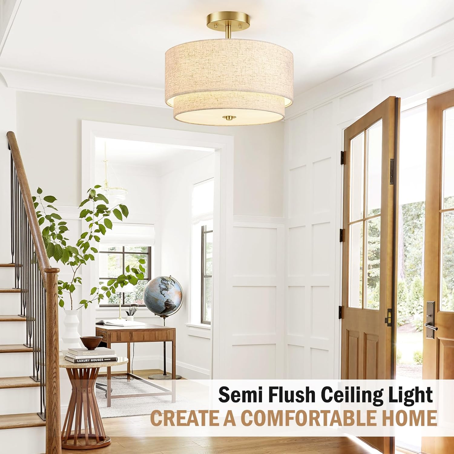Detalle de Lanburch ceiling light 05 Semi-Flush Mount, 12.6-Inch Linen Shade, 3-Light
