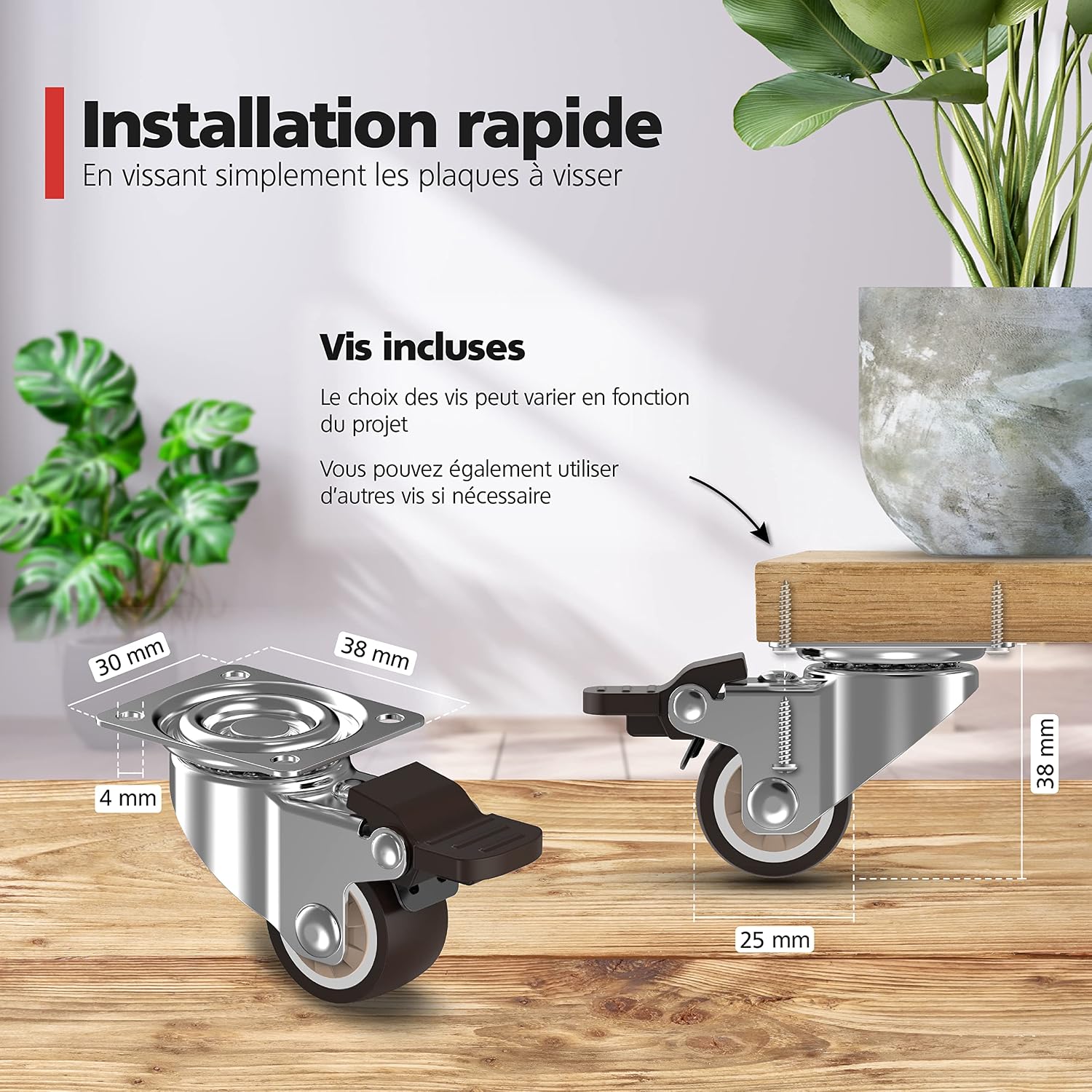 Detalle de RAVN HAMAN : set de 4 roulettes pour meubles 25 mm avec frein, charge jusqu’à 15 kg par roue