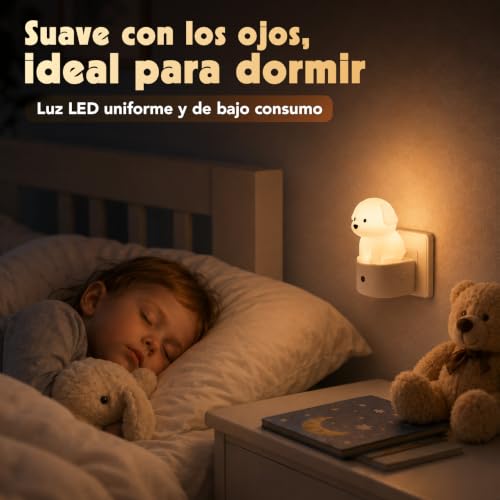 Detalle de AMHÖ Luz Nocturna Infantil con Enchufe Perro 3D: lunares colores suaves para dormir sin sobresaltos
