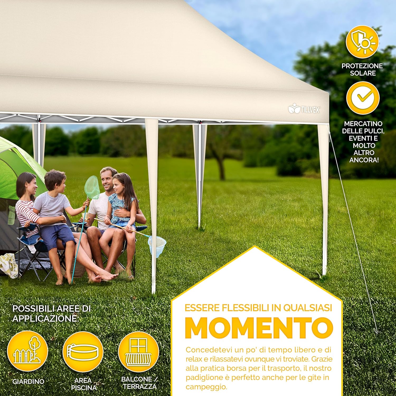 Thumbnail 6 de Tillvex gazebo da giardino 3x6 m pieghevole regolabile in altezza con tenda pop up impermeabile UV 50+ (beige)