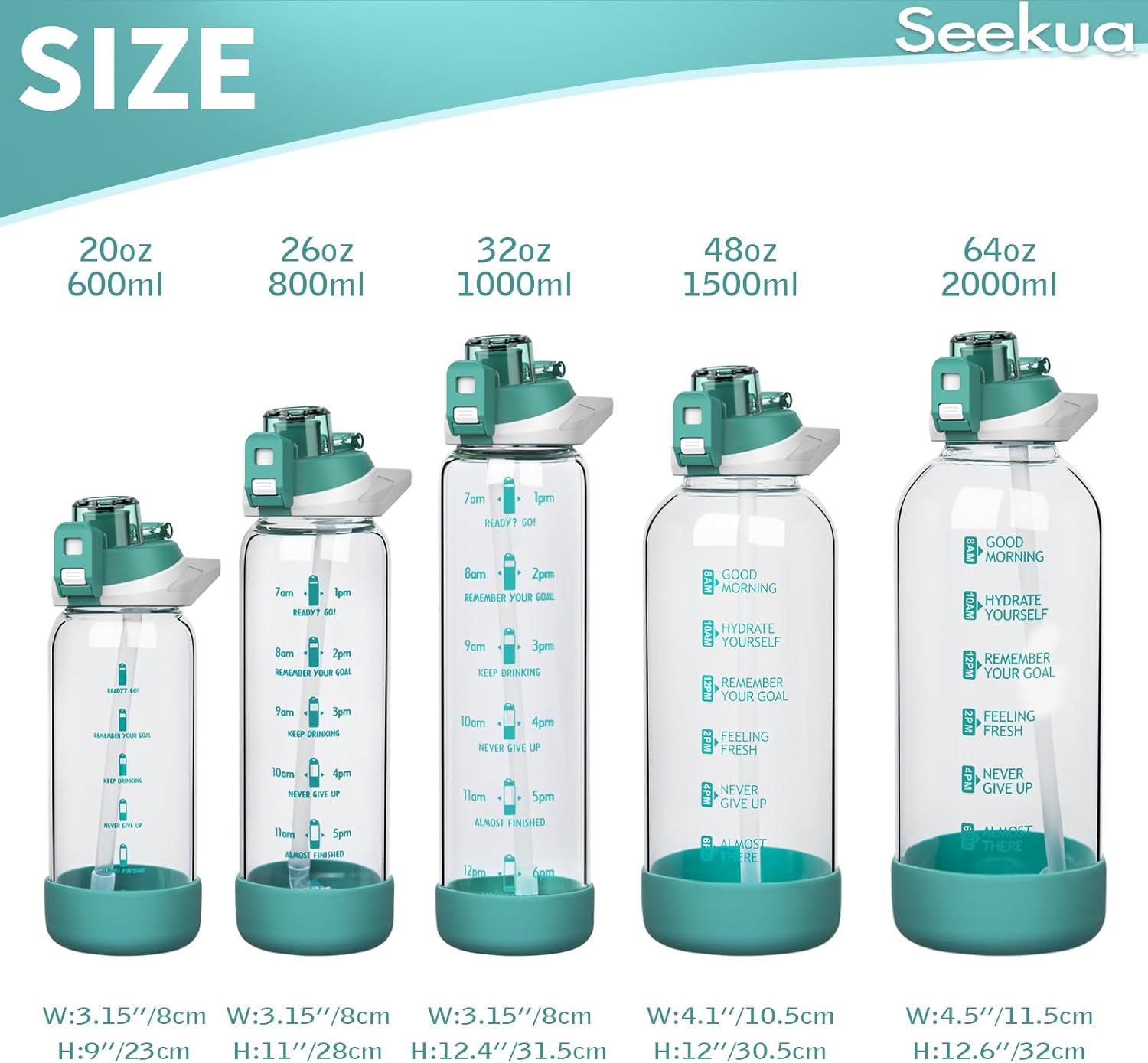 Thumbnail 3 de Seekua 2 Litre Large Glass Water Bottle with Straw & Time Markings – BPA Free & Leakproof