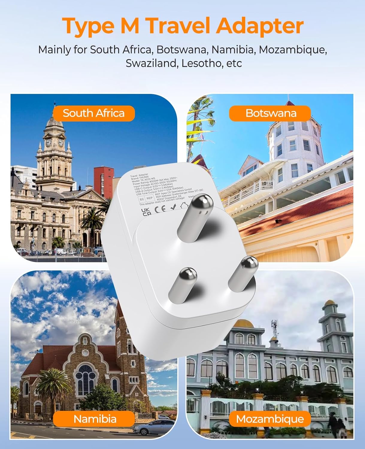 Thumbnail 3 de THUNIX Reiseadapter für Südafrika (Typ M) mit 2× USB‑C & USB‑A – 4‑in‑1 Ladeadapter