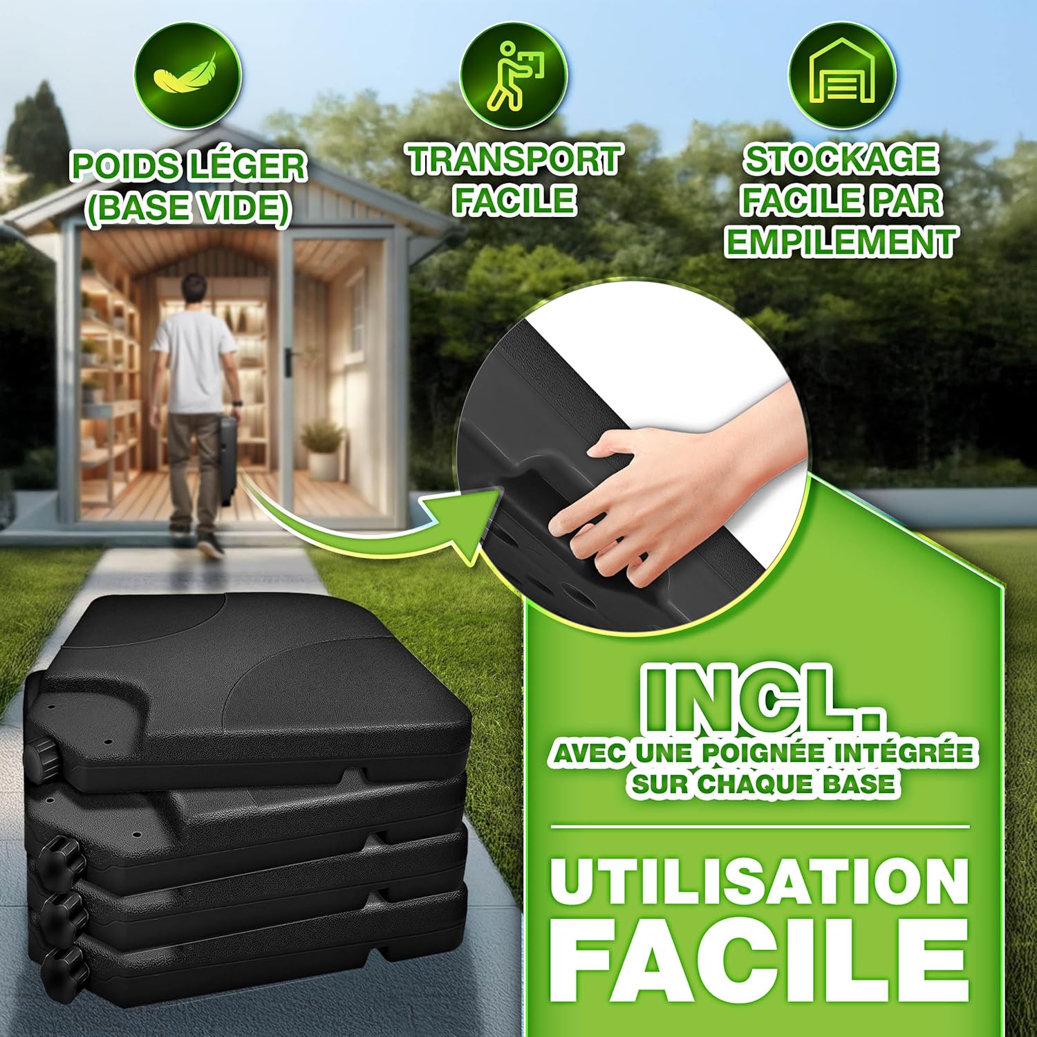 Thumbnail 1 de Pied de parasol déporté tillvex – 4 dalles carrées lestables 60 L ou 80 kg, avec connecteur métallique (noir)