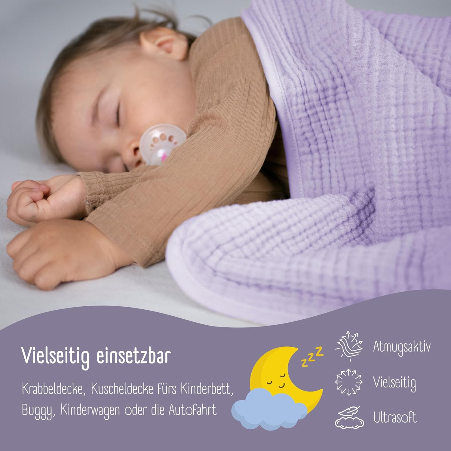 Thumbnail 5 de BEARFOOT Babydecke Musselin-Fleecedecke (Baumwolle & Fleece) in Lavendel – 2-seitig für Baby, Neugeborene und Kinder