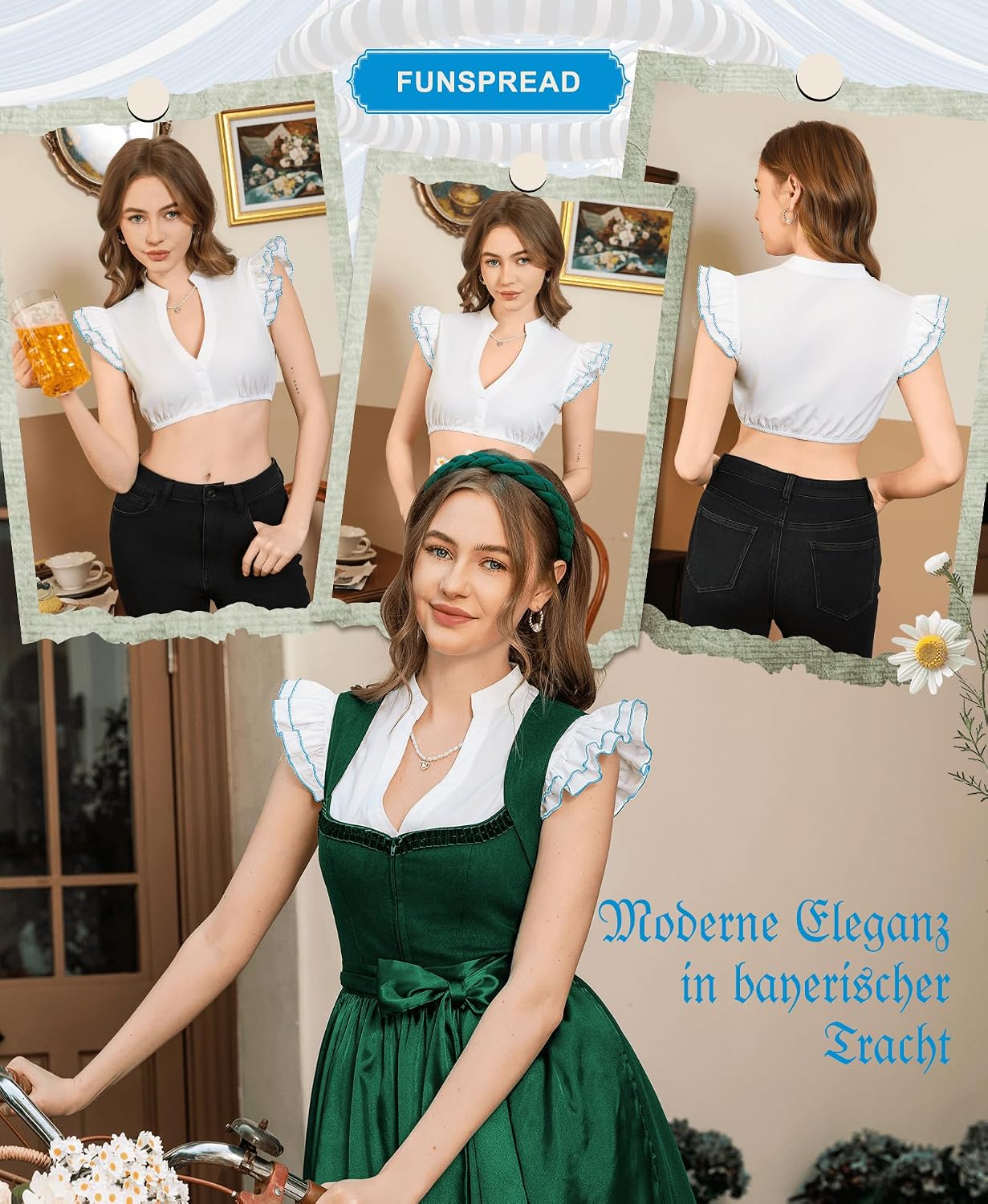 Thumbnail 5 de Funspread Dirndl Bluse Damen Weiß – kurze Dirndlbluse mit V-Ausschnitt