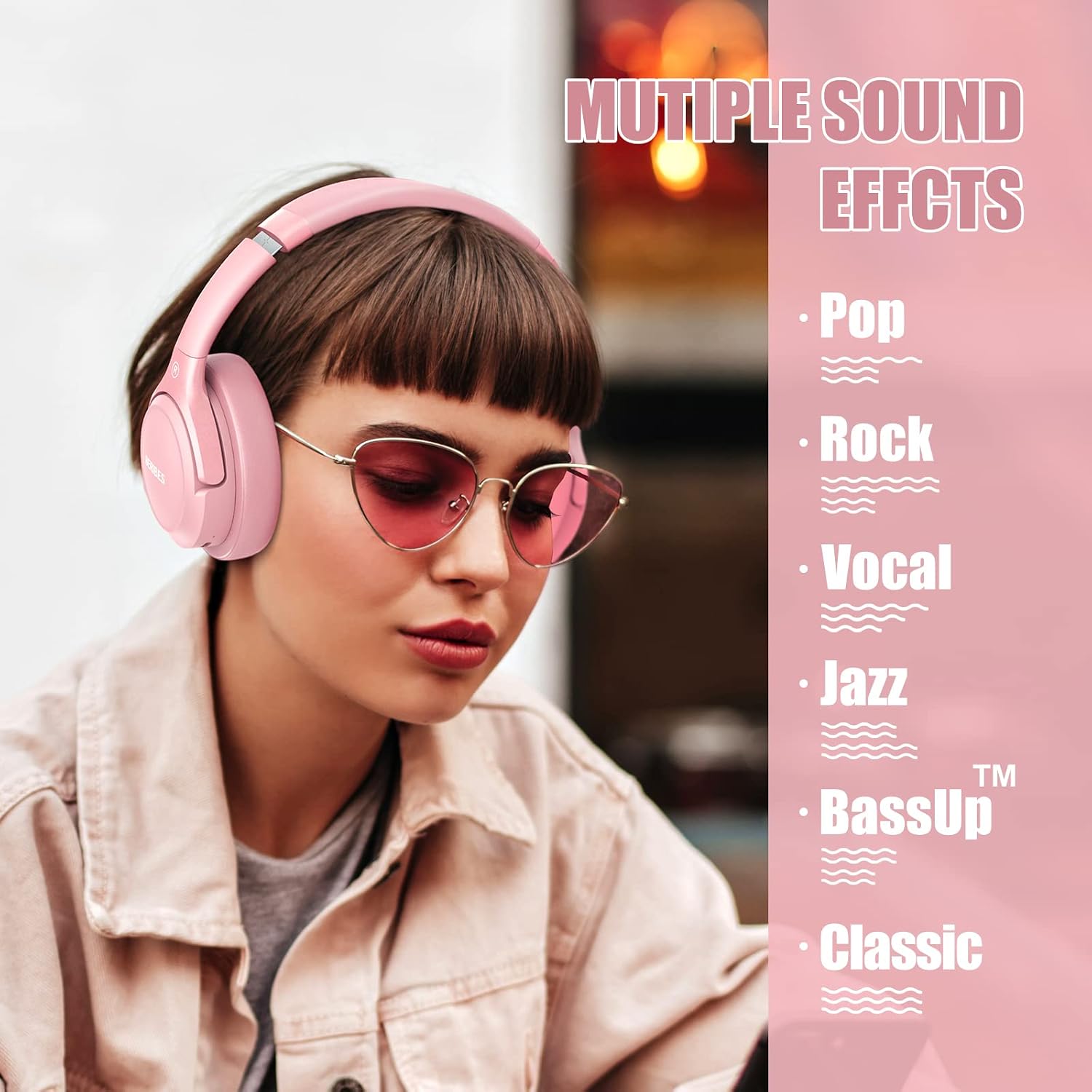 Detalle 2 de BERIBES Bluetooth Over-Ear Kopfhörer – 65 Stunden Akku, 6 EQ‑Modi, Bluetooth 5.2, faltbar, rosa