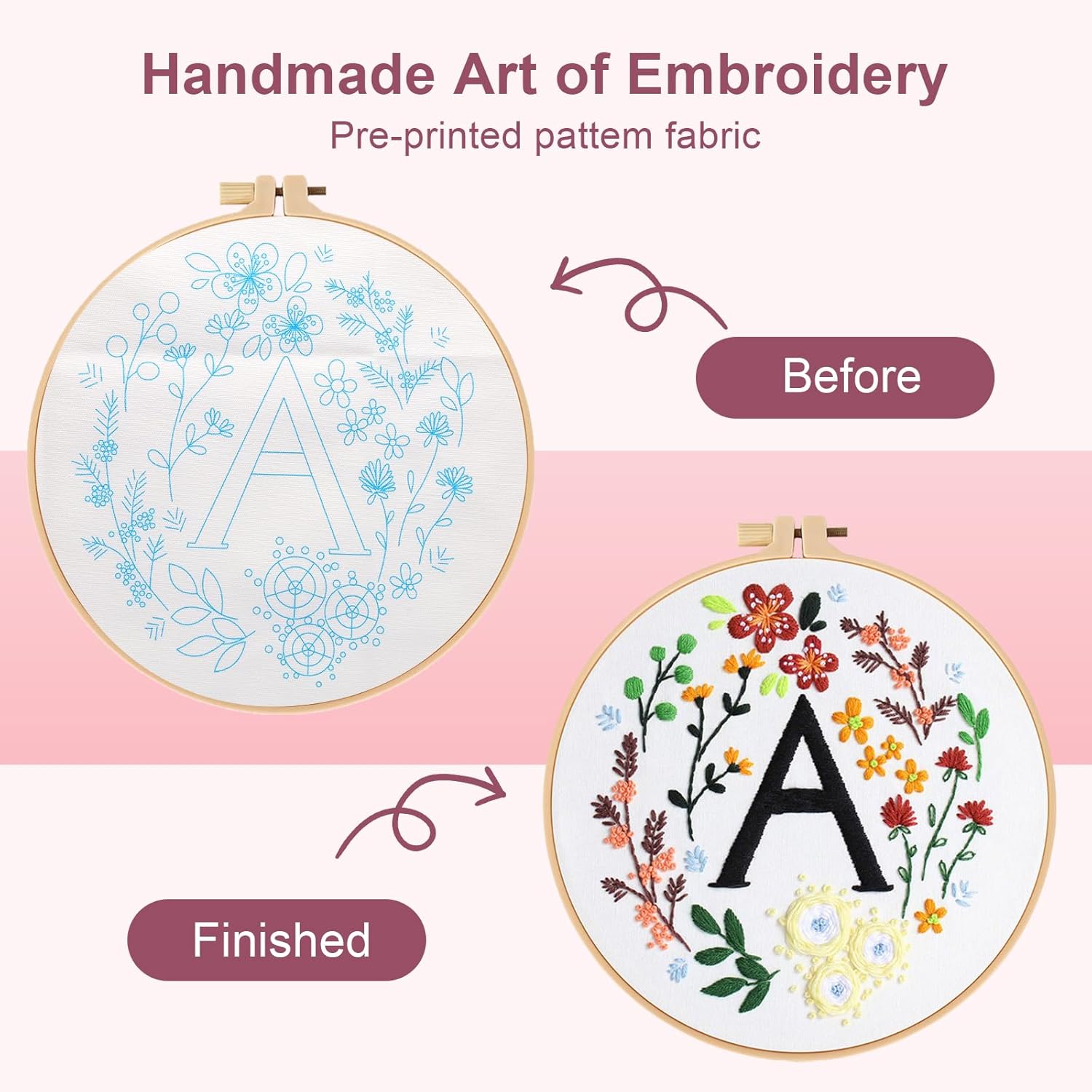 Thumbnail 2 de VUEJIC Beginner Embroidery Kit for Adults (Letter A & floral cross-stitch patterns) with hoop, floss and tools