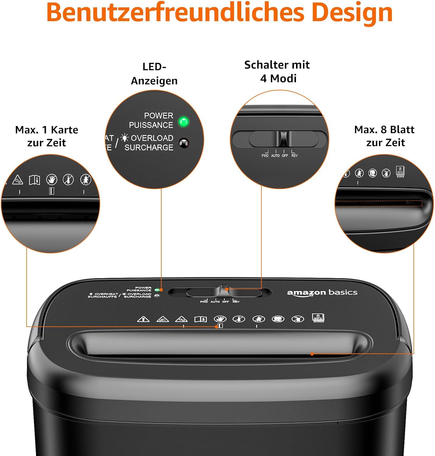 Detalle de Amazon Basics Querschnitt-Aktenvernichter für bis zu 8 Blätter – kompakt, sicher und zuverlässig
