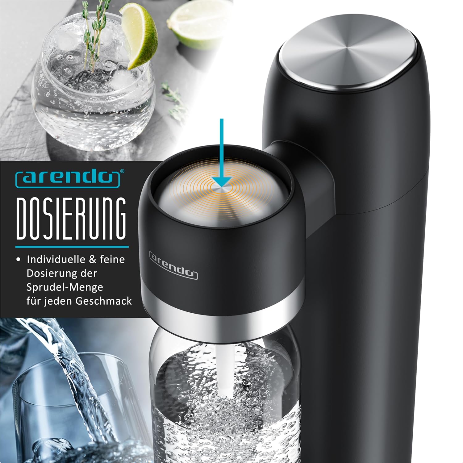 Detalle de Arendo Soda Maker Wassersprudler – BPA-freie 1000 ml Flasche, kompatibel mit 60 L CO2 Zylindern