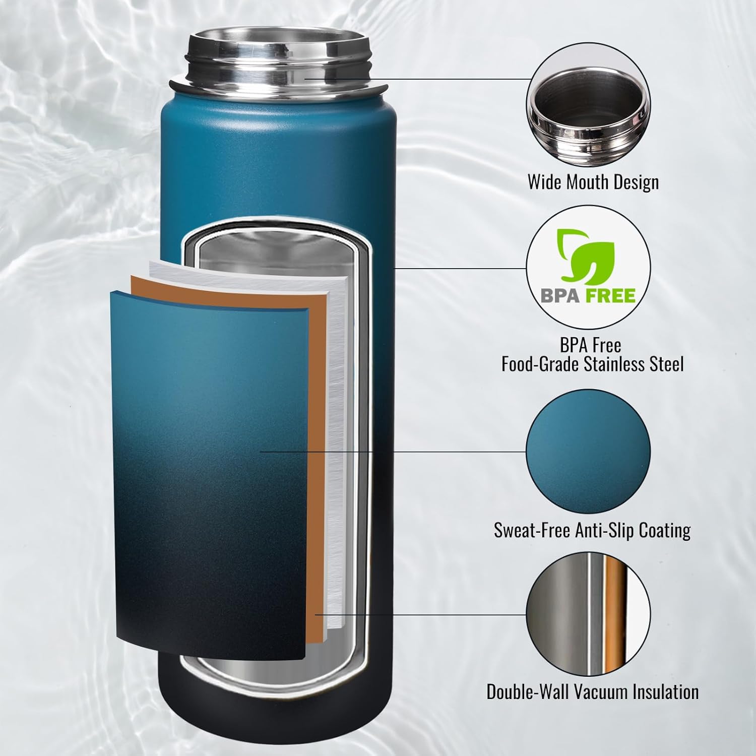 Thumbnail 2 de Fijinhom 24 oz Insulated Water Bottle with Handle: Double-Wall Stainless Steel, Wide Mouth, BPA Free, Keeping Drinks Cold for 24h or Hot for 12h