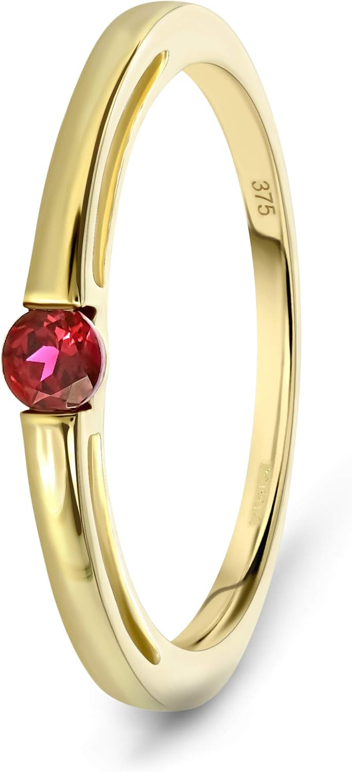 Detalle de MIORE Anello Donna in Oro Giallo 9KT 375 con Rubino Centrale – Solitario Elegante, Gift Box e Certificato