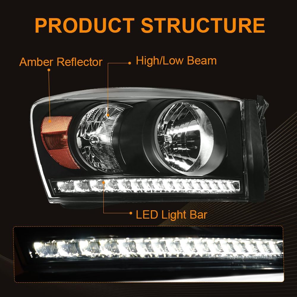 Thumbnail 1 de DimFlux LED Headlight Assembly for 2006-2009 Dodge Ram 1500/2500/3500 (Halogen models only) - Black housing with Amber Reflector