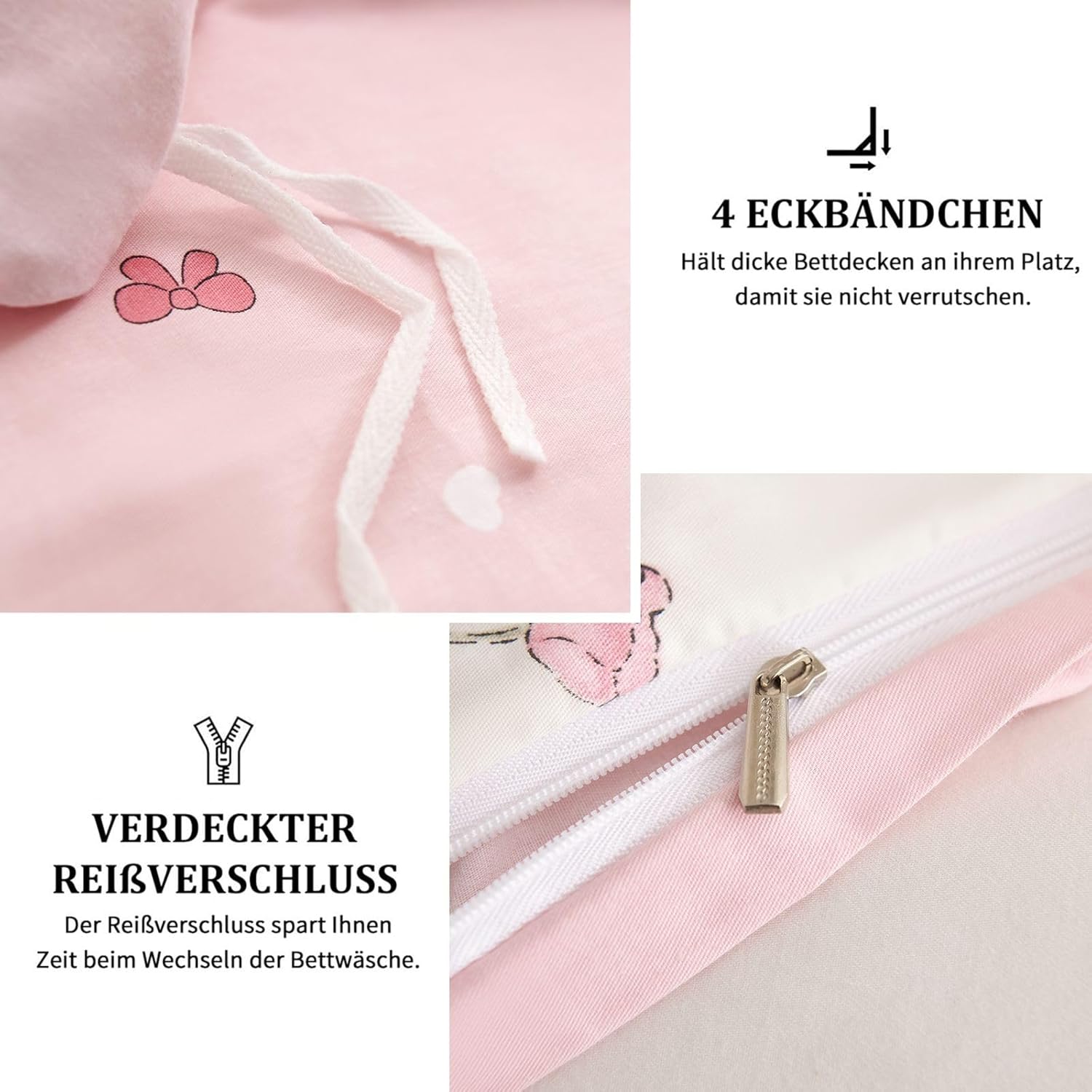 Detalle 2 de Freyamy Blumen Bettwäsche 220x240 cm, 3-teilig, 100% Baumwolle, Weiß-Rosa-Grün Floral Bettbezug mit Reißverschluss