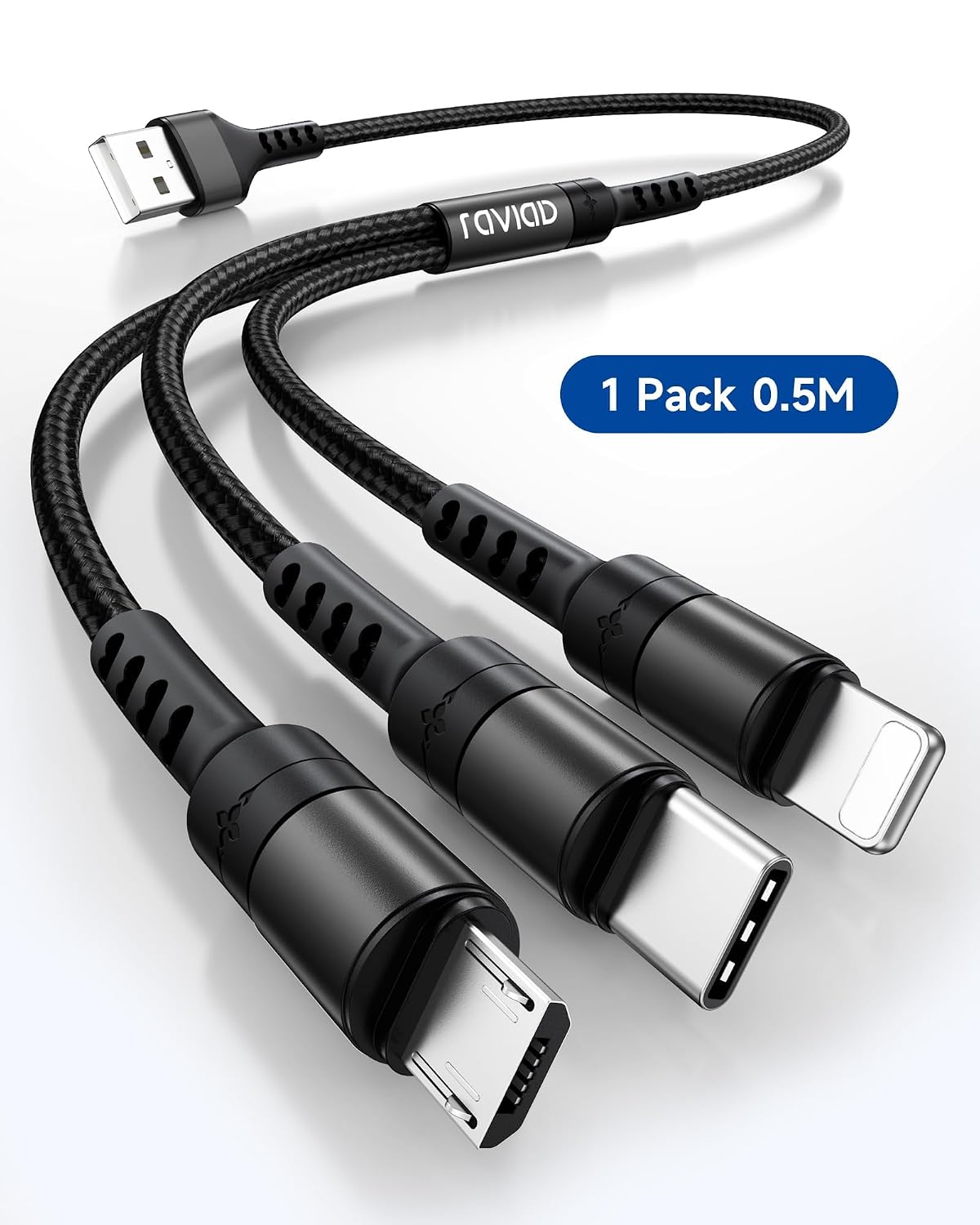 Detalle de RAVIAD 3-in-1 Multi Charger Cable (0.5m) with Lightning, USB‑C and Micro USB – Black