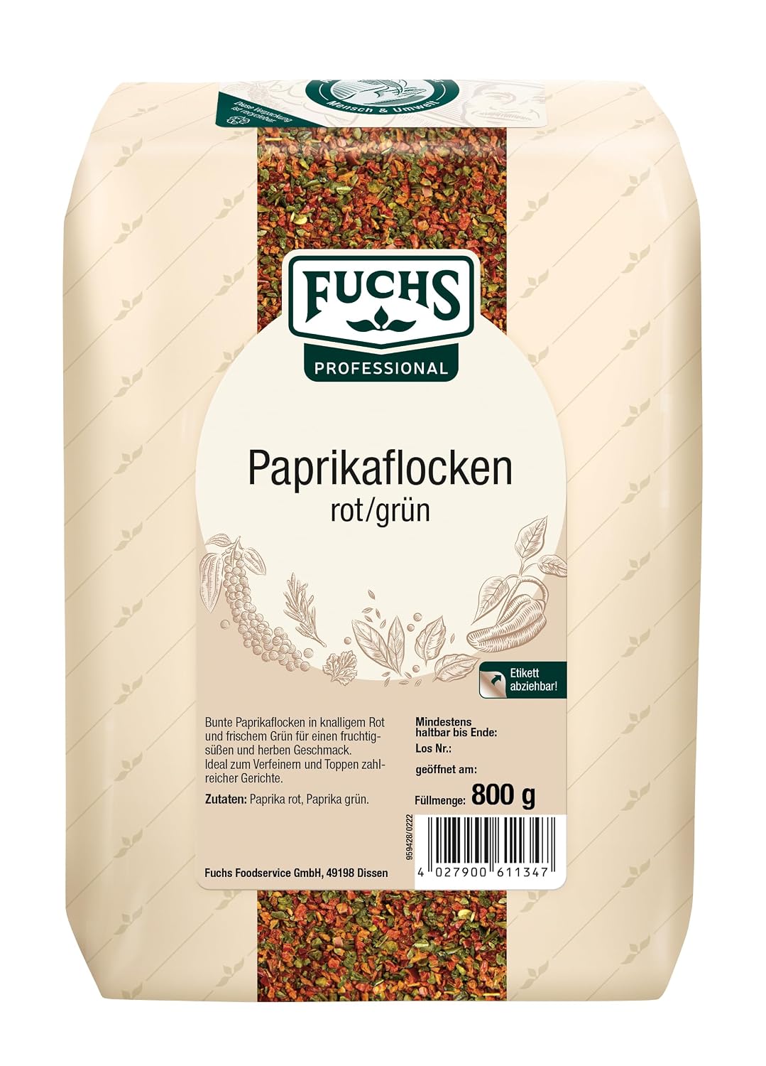 Detalle de Fuchs Professional Paprikaflocken rot/grün (bunte Mischung) – zum Verfeinern & Toppen, 800 g im großen Beutel