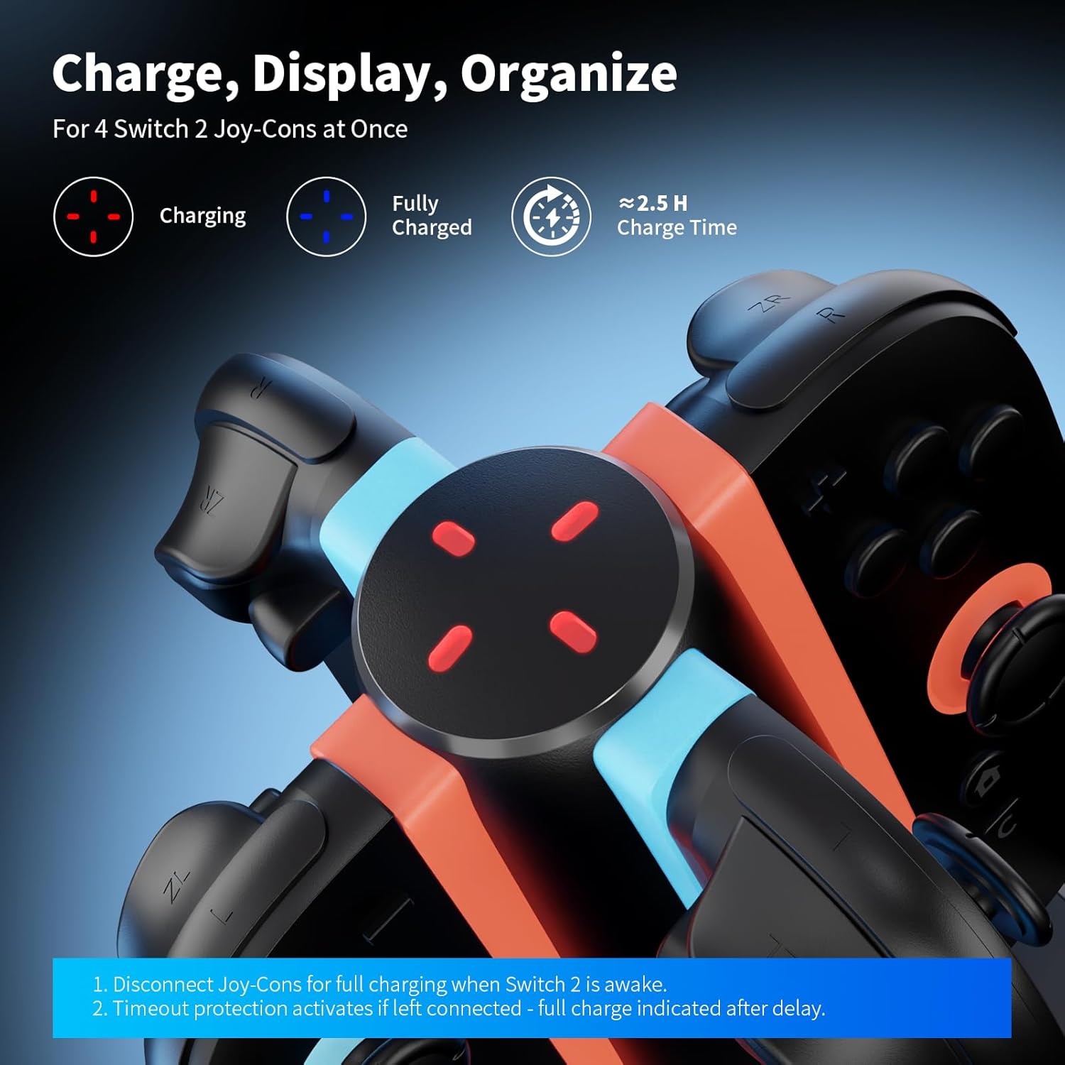 Detalle 2 de AceGamer 4-In-1 Charging Dock for Nintendo Switch 2 Joy-Con (4-Port Magnetic Charging Station, Black)