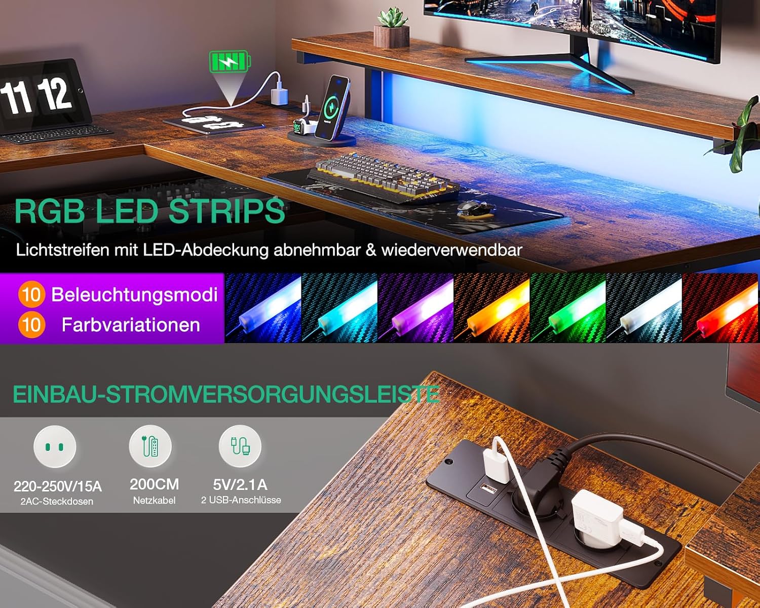 Thumbnail 5 de ODK Bureau d'angle réversible avec tiroirs 135x110 cm – Brun vintage, USB, LED et rangement