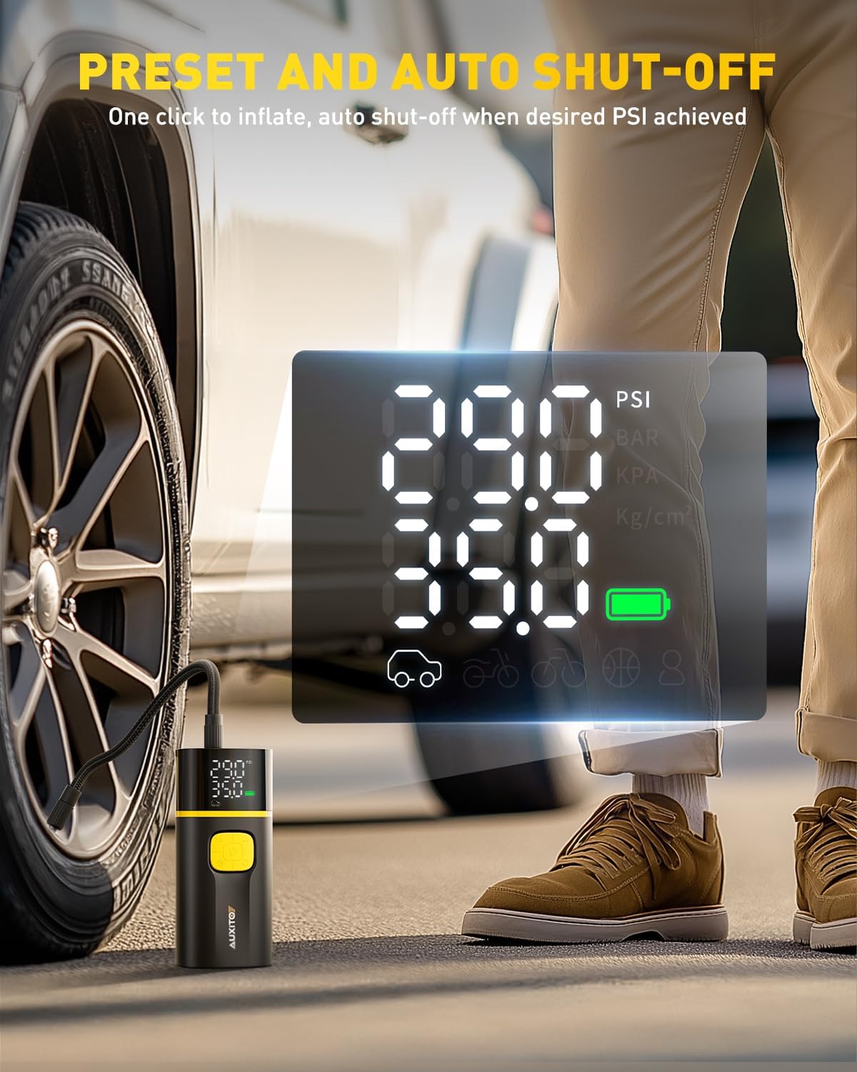 Thumbnail 5 de AUXITO AS1 Pro Portable Tire Inflator (150 PSI) with Digital Gauge and Dual-Cylinder Air Compressor