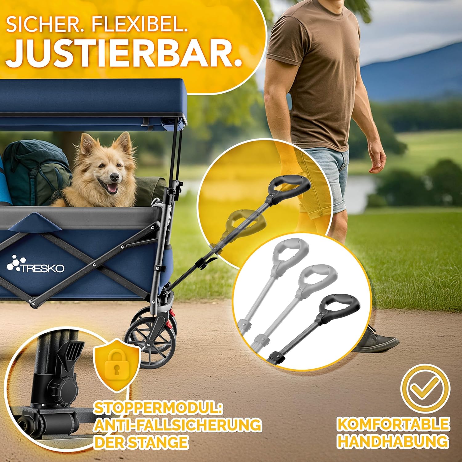 Thumbnail 4 de TRESKO Bollerwagen faltbar mit Dach, Kühlfach & Seitenrollos (bis 150 kg, 3-Punkt-Gurt, Vollgummireifen)