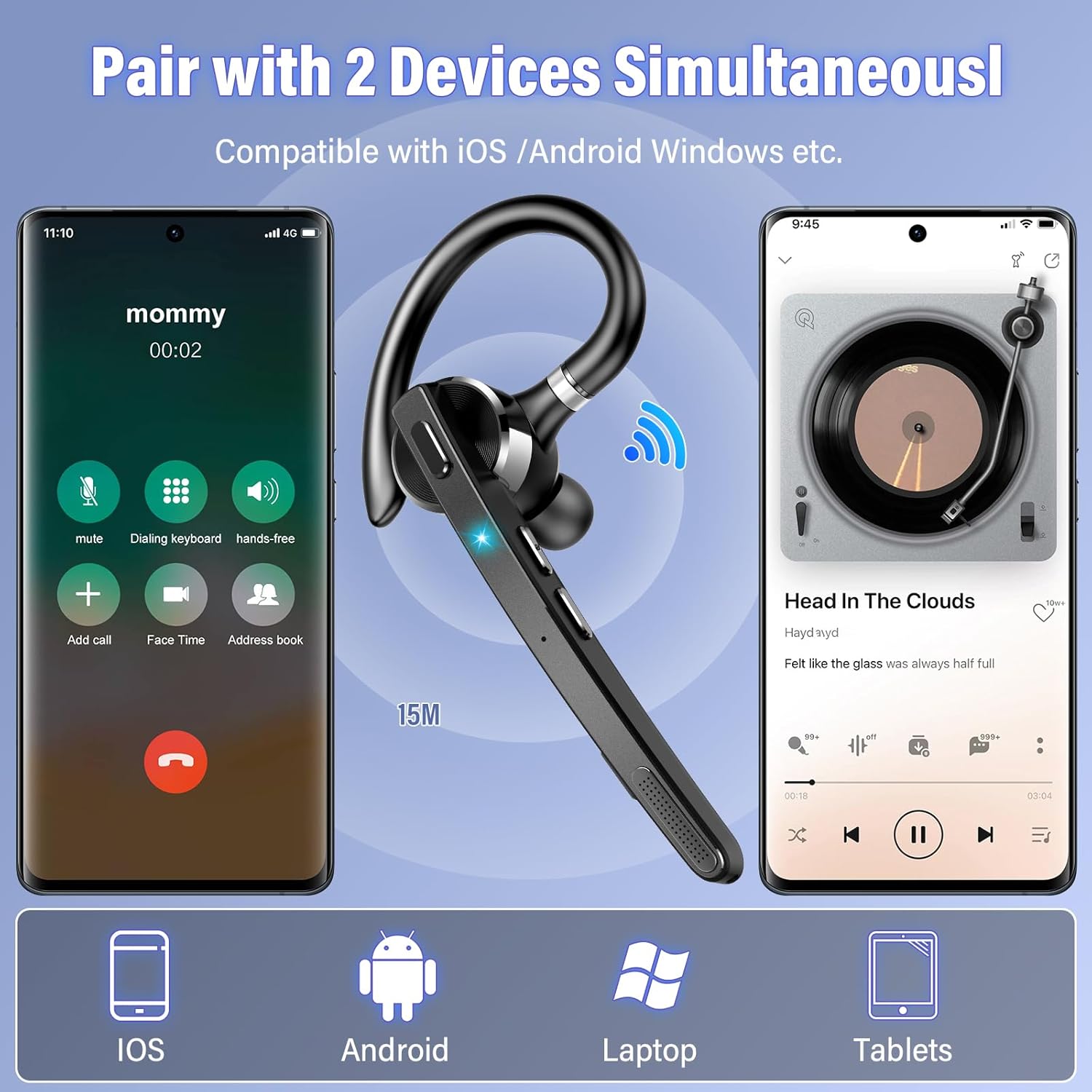 Thumbnail 4 de Bluetooth Headset with 90Hrs, Single-Ear Design, aptX HD, Dual Mics, IPX7 — Ideal for Truckers, Business, and Gym