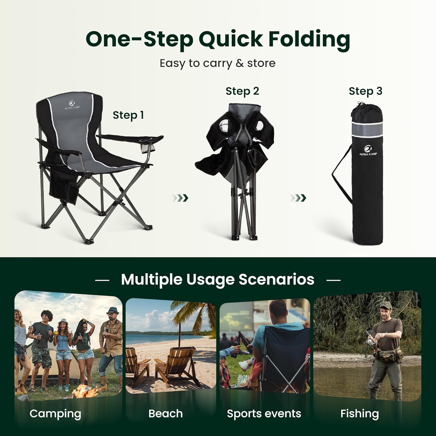 Thumbnail 6 de ALPHA CAMP Camping Chair for Adults: High-Back, Heavy-Duty Folding Chair with Cup Holder and Side Pockets