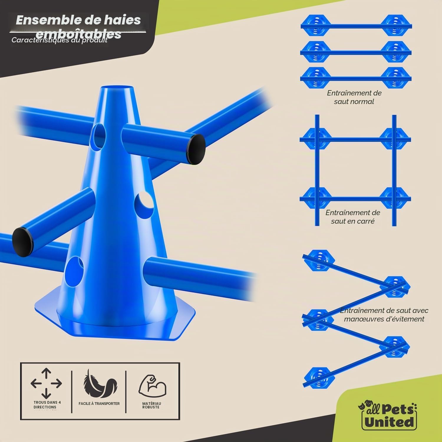 Detalle de all Pets United Set Haies Agility Chien – Barre 100 cm et 2 Cônes: Parcours modulable pour chien