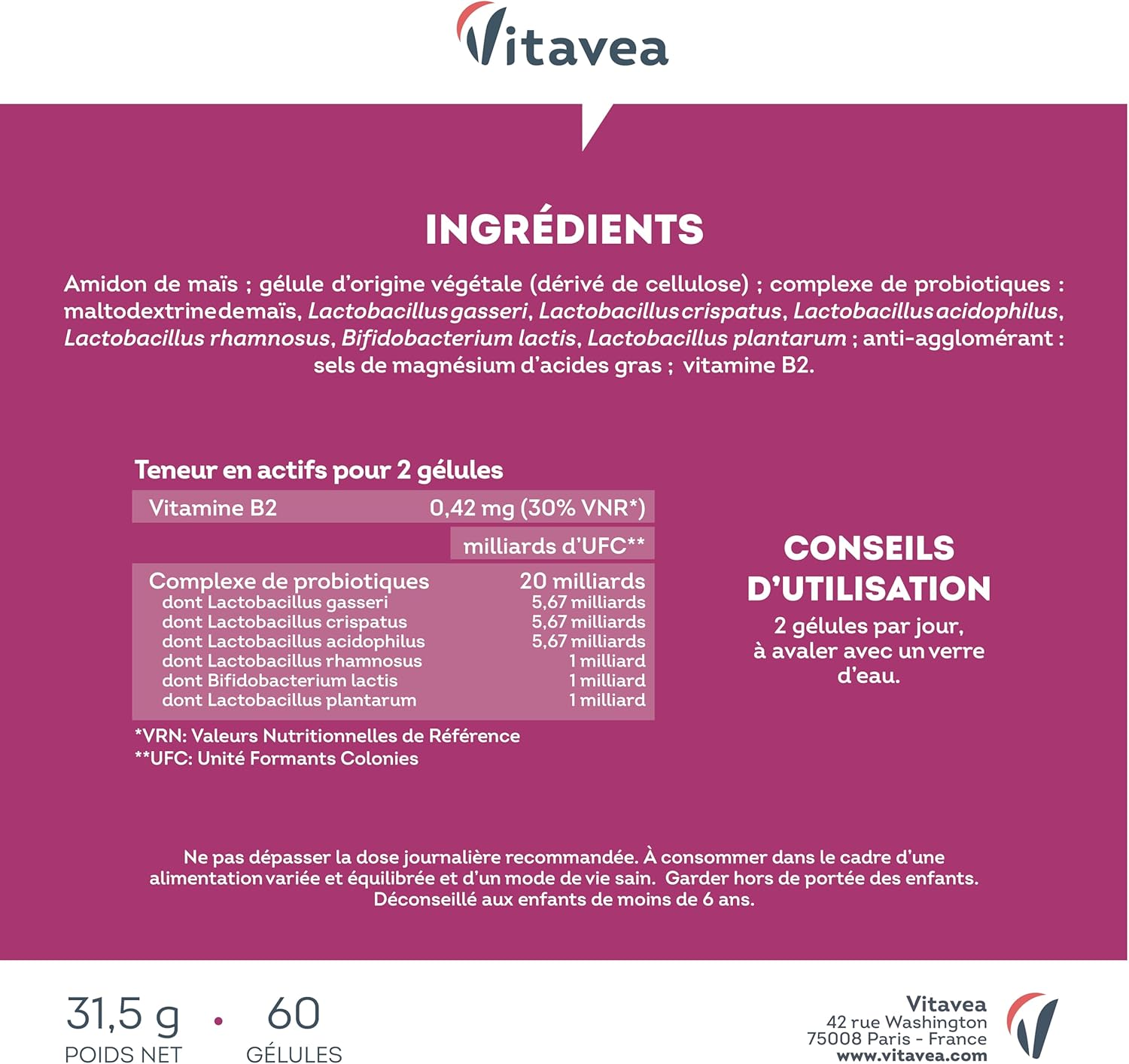 Thumbnail 6 de Probiotiques Flore Intime – 20 milliards UFC, 6 souches dont Lactobacillus gasseri & crispatus, vitamine B2 – 60 gélules (1 mois)