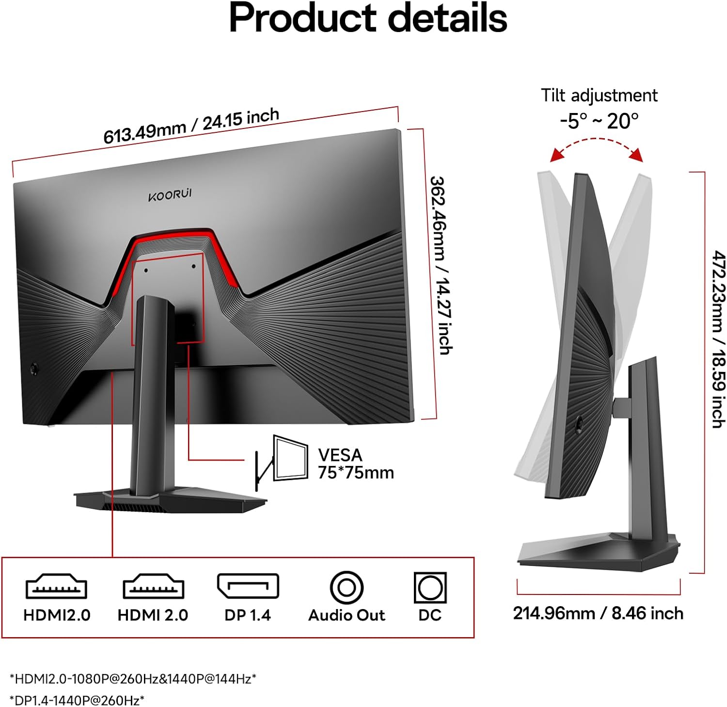 Detalle de KOORUI 27 inch QHD Gaming Monitor G2721X: 2560x1440, 260Hz (240Hz supported), HDR400, Fast IPS