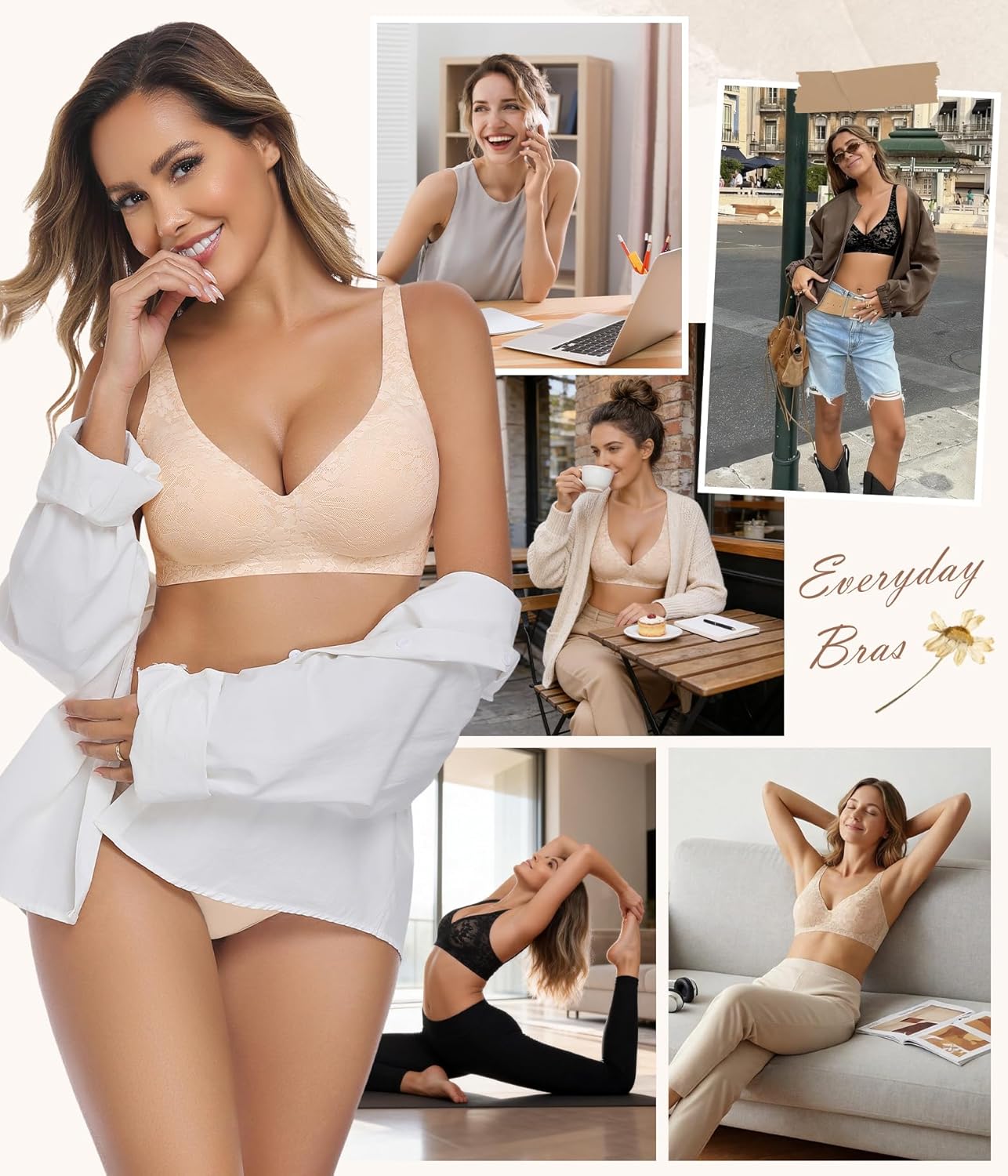 Thumbnail 6 de Wiepux Push Up Soutien-Gorge sans Armature Deep V Floral Dentelle — Confort et Décolleté Plongeant