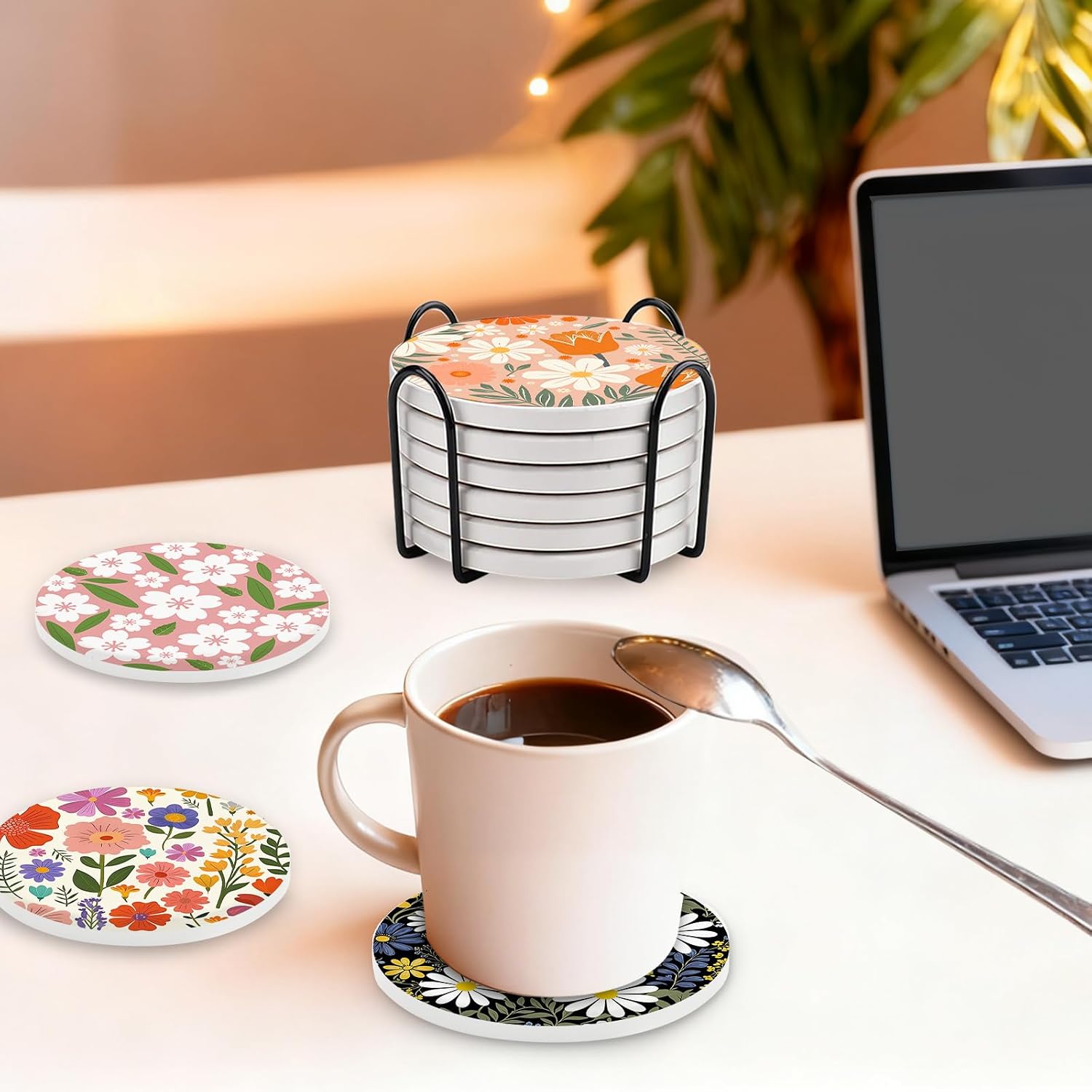 Detalle 2 de Six Flower Ceramic Coasters with Holder