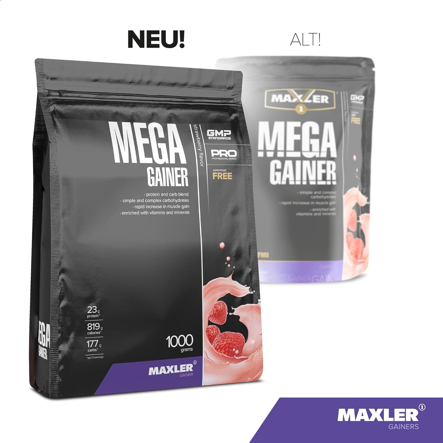 Thumbnail 1 de Maxler Mega Gainer Fraise – gain de poids en poudre (1000 g), protéines + glucides