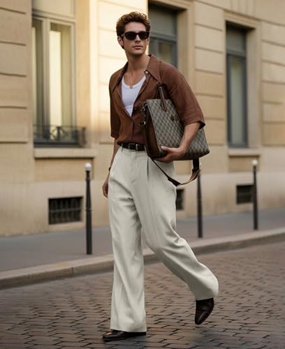 Thumbnail 2 de FEDTOSING Mens Baggy Casual Dress Trousers with Elastic Waist – Apricot Linen Wide Leg Trousers for Men