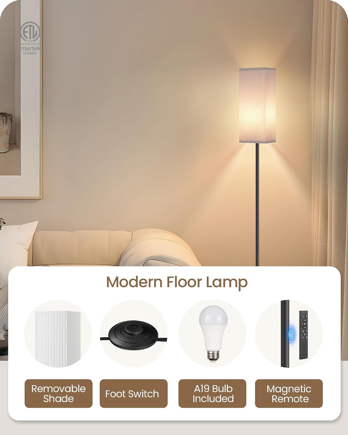 Thumbnail 6 de GOEBLESON BP-F006S Dimmable Floor Lamp with Remote, Foot Switch and Pleated Shade