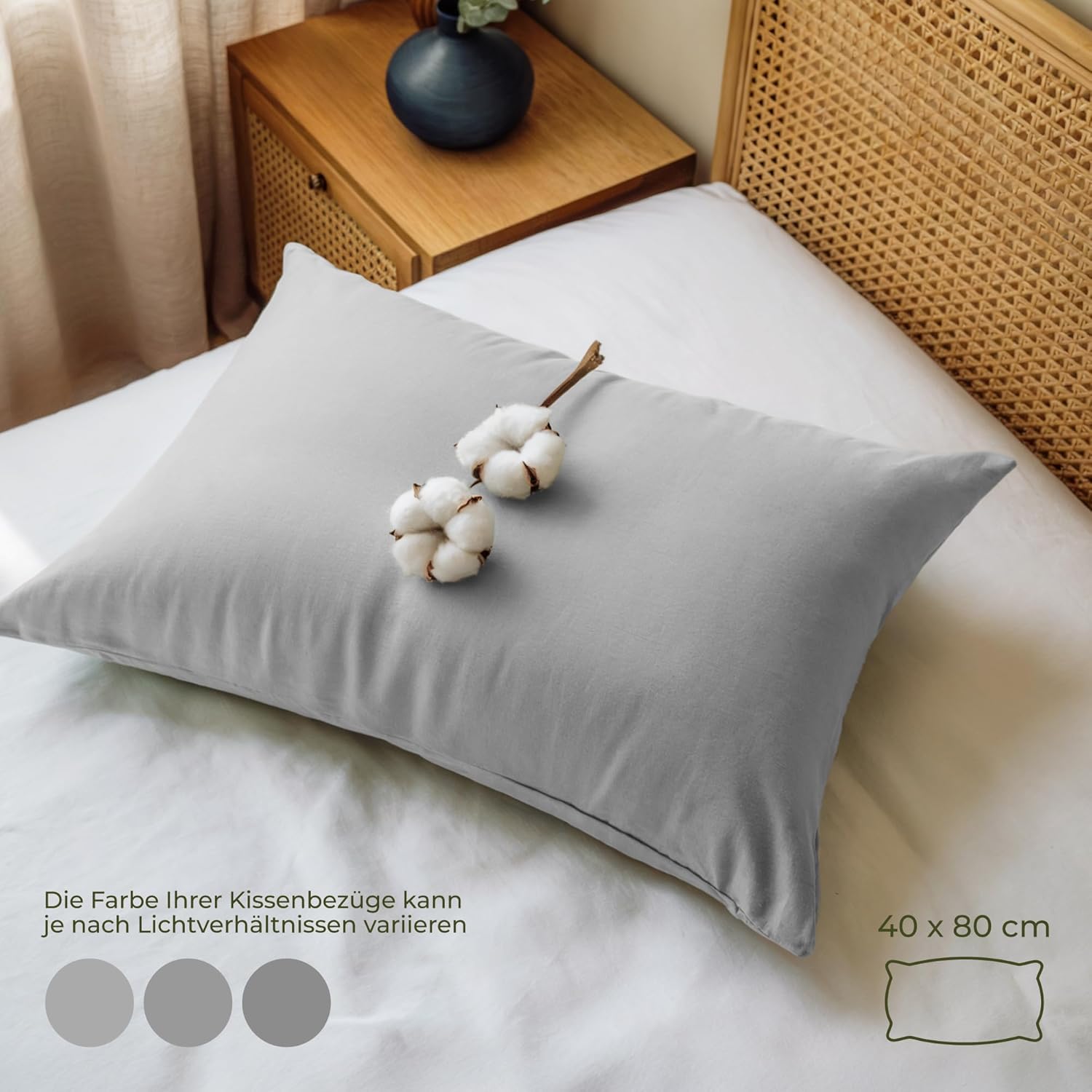 Thumbnail 2 de Dreamzie Kissenbezug aus 100% Bio-Baumwolle, 40 x 80 cm, 2er Set (Grau) mit Reißverschluss