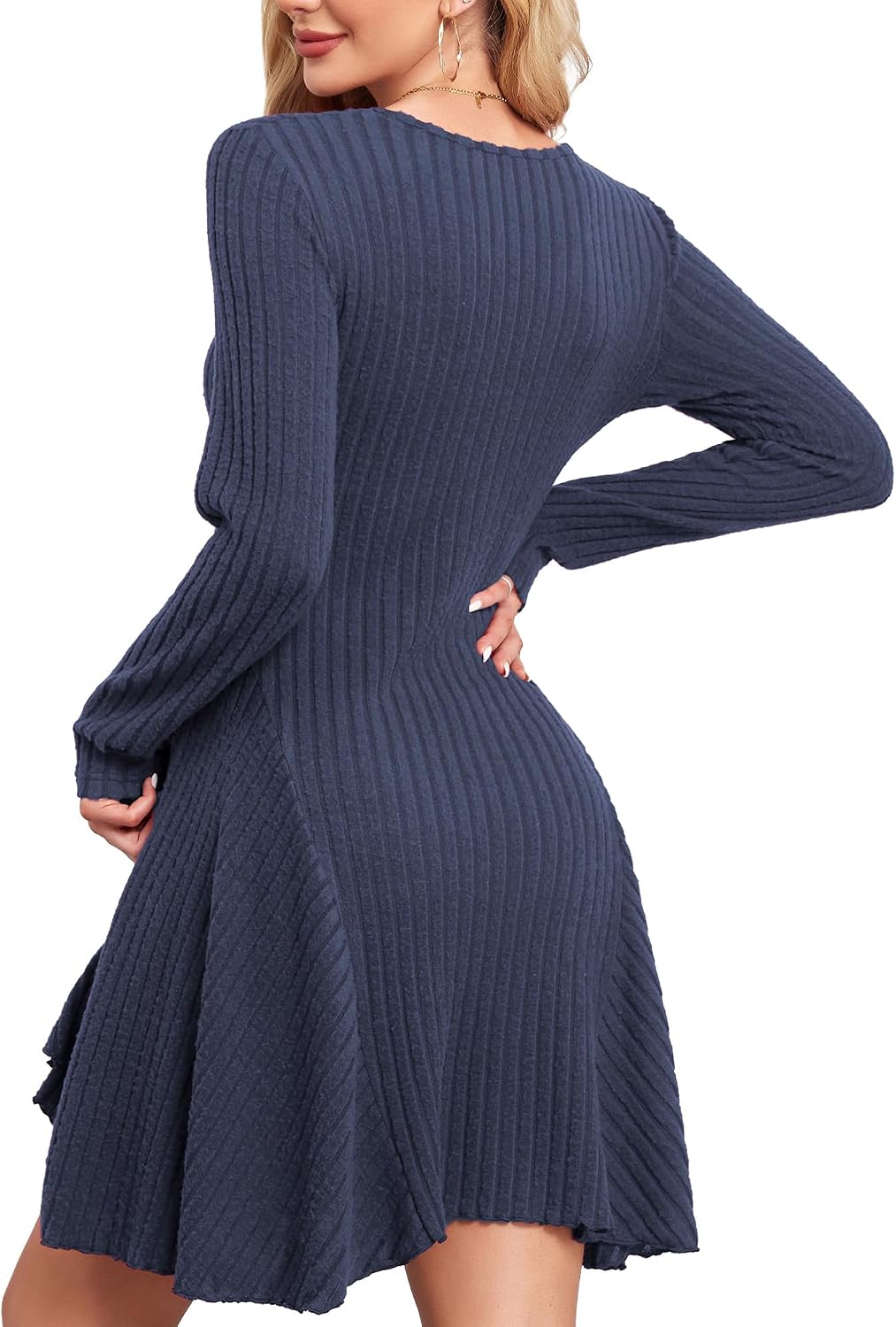 Detalle 2 de SENBATU Robe tricotée pour femmes – Robe pull d’automne élégante à manches longues et col en V