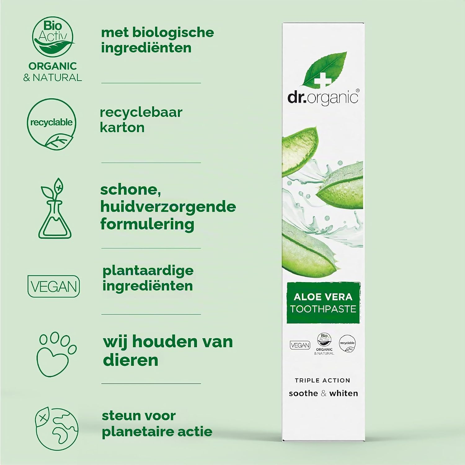 Detalle de DR. ORGANIC Aloë Vera-tandpasta met munt, fluoride en biologische ingrediënten, 100 ml