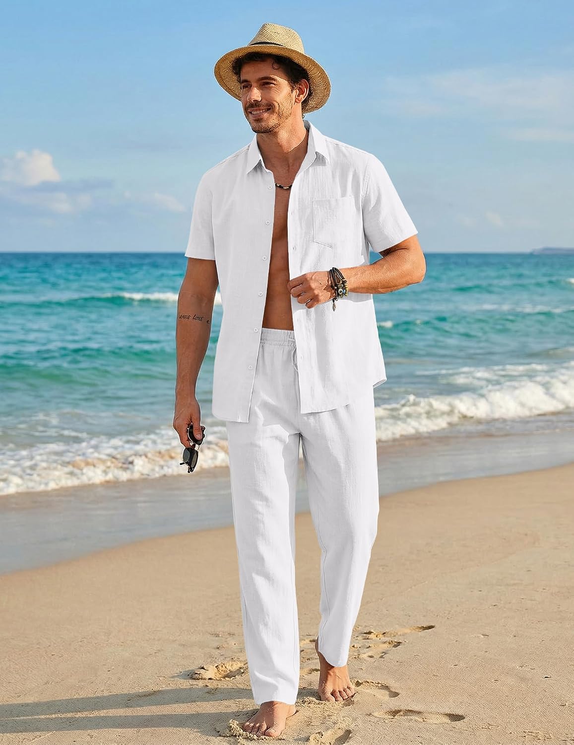 Detalle de COOFANDY Men's 2 Piece Cotton Beach Outfit: Short Sleeve Shirt + Loose Pants