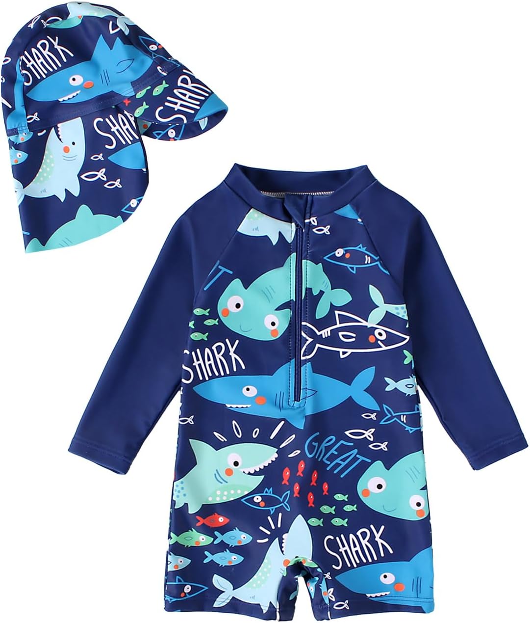 Thumbnail 6 de JiAmy Baby Boys Swimming Costume with Sun Hat Long Sleeve Zip Up Rash Guard