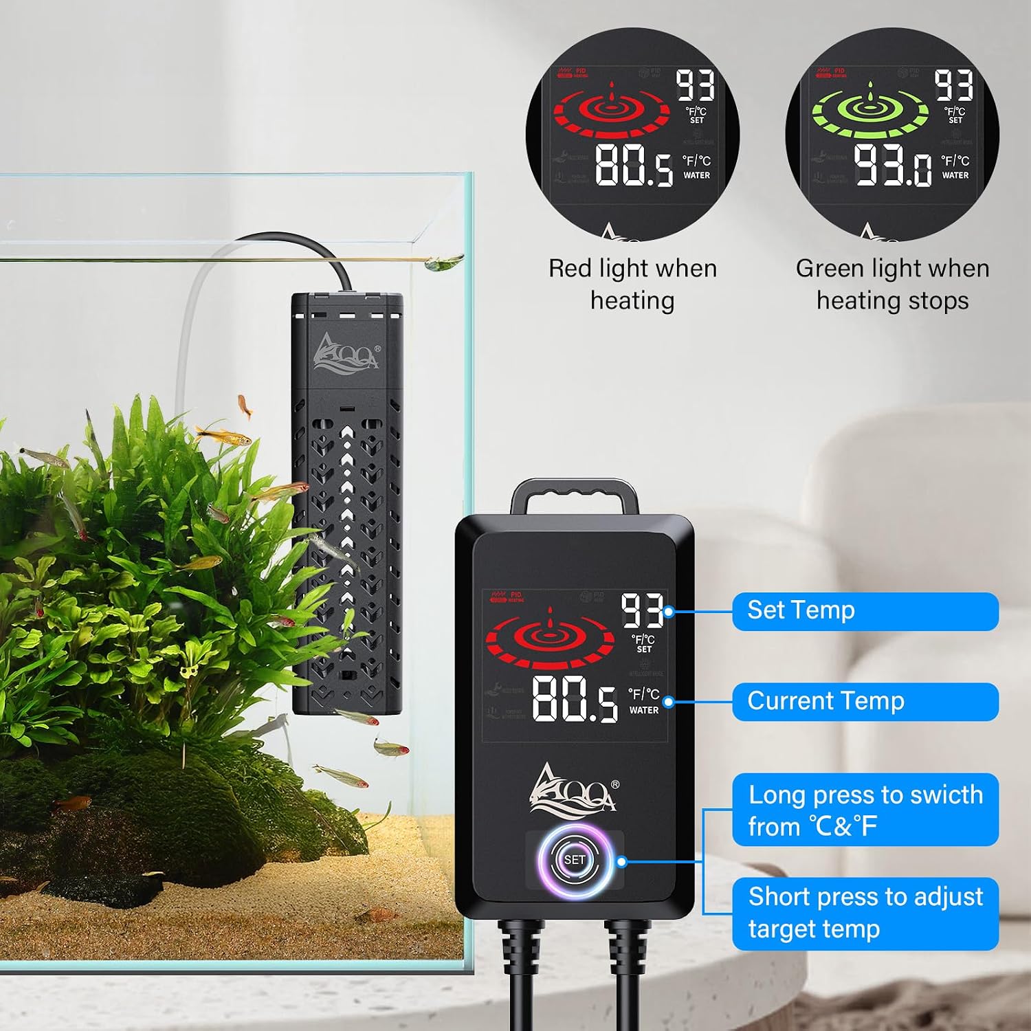 Detalle de AQQA Aquarium Heizung 500W mit Thermostat und externem Controller (LED)