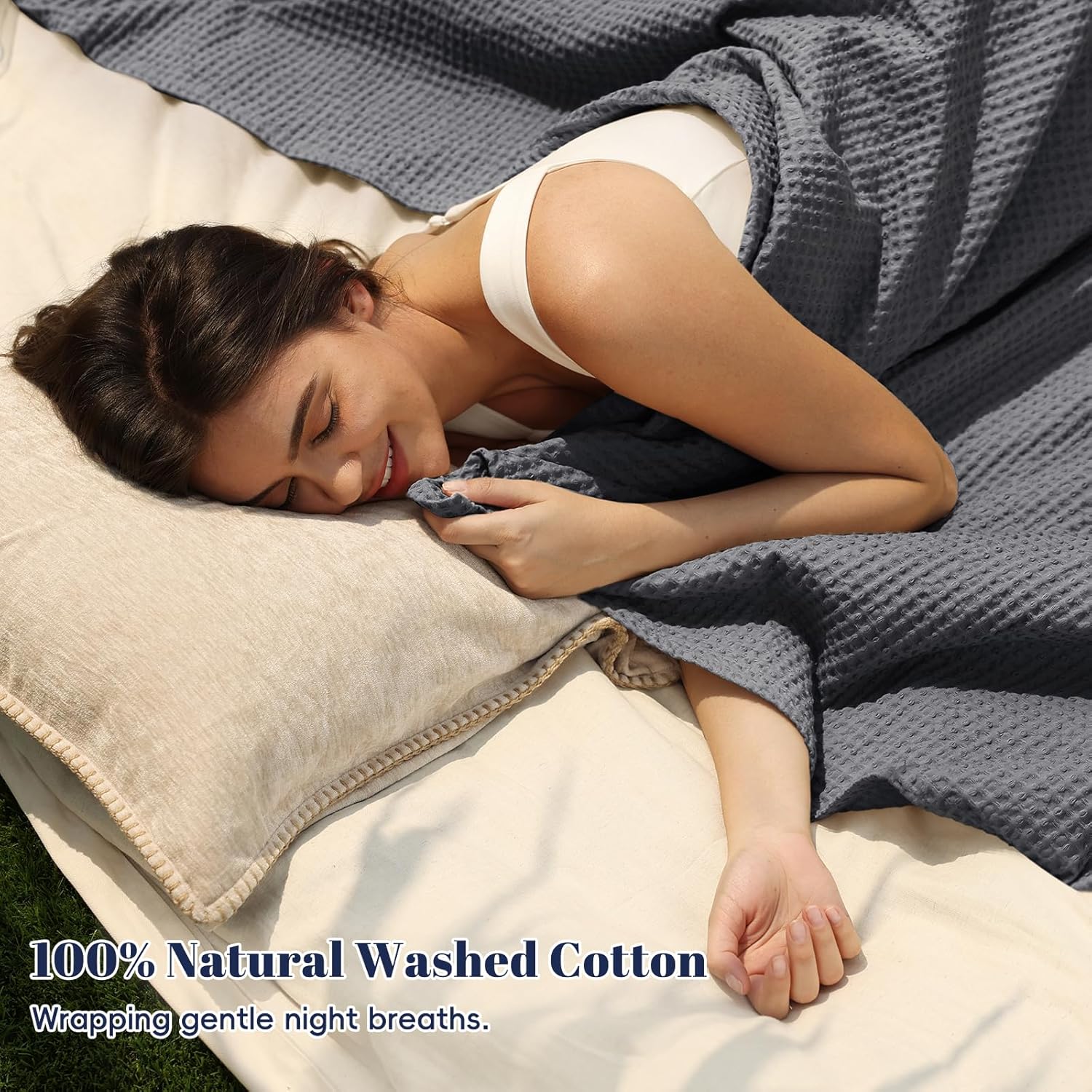 Thumbnail 3 de PHF 100% Cotton Waffle Weave Blanket King Size (220 x 240cm) in Charcoal Grey