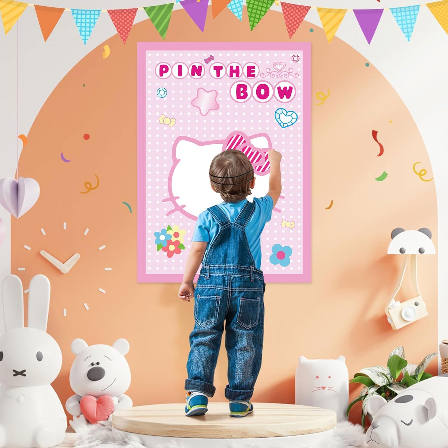 Thumbnail 4 de Cute Pink Cats Birthday Party Decoration Game: Pin the Bow on the Cat (24 Stickers + Poster)